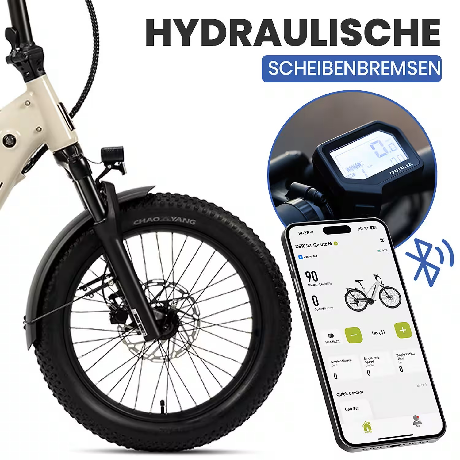 Ein Fahrrad mit hydraulischen Scheibenbremsen und einem Smartphone, das eine App mit Fahrradinformationen anzeigt.