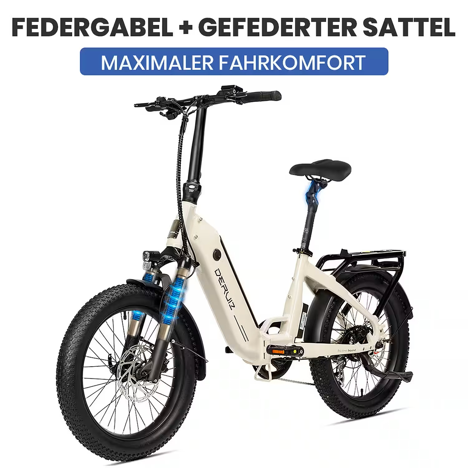 Ein cremefarbenes E-Bike mit Federgabel, gefedertem Sattel und dicken Reifen.