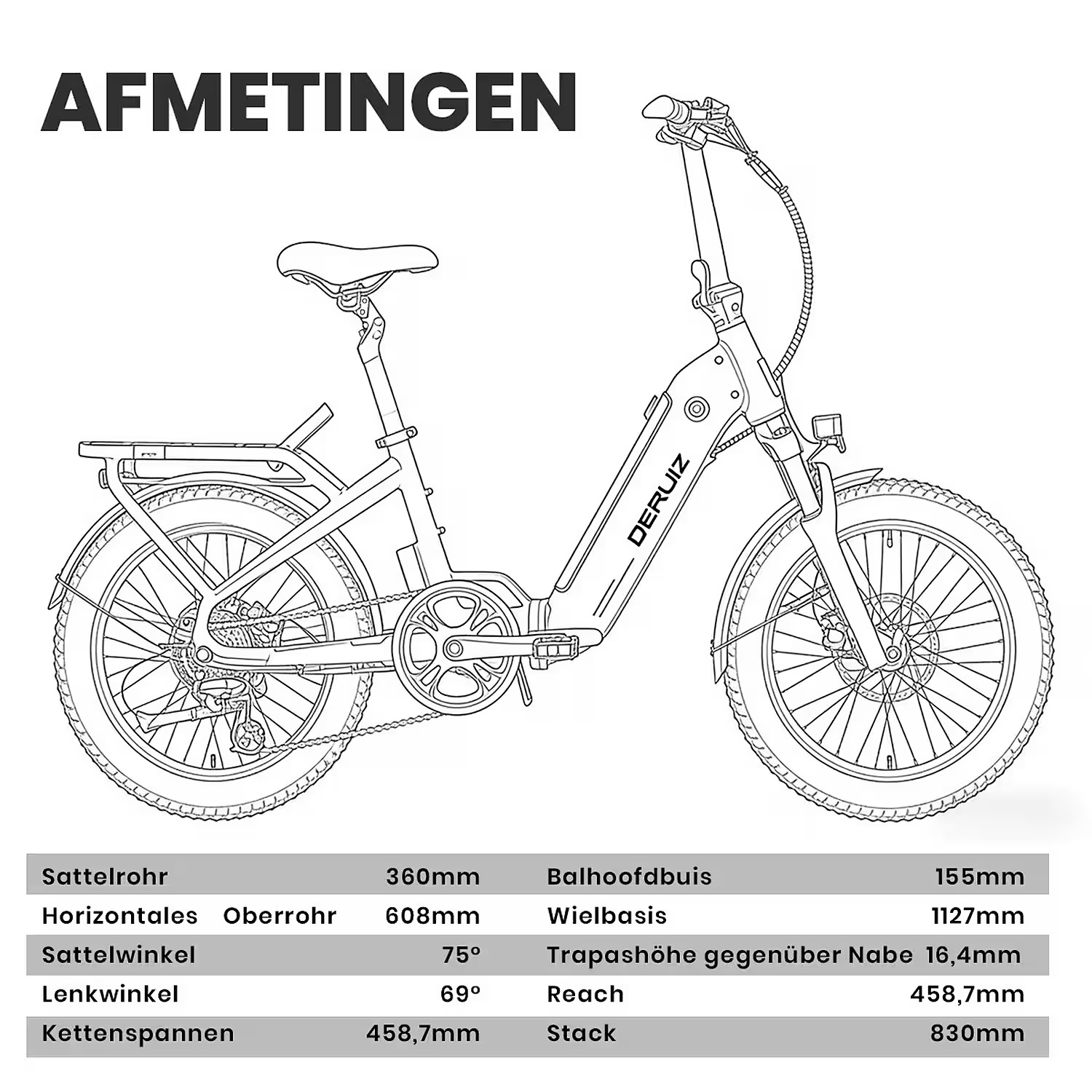 Technische Zeichnung eines E-Bikes mit Maßen und Beschriftungen.
