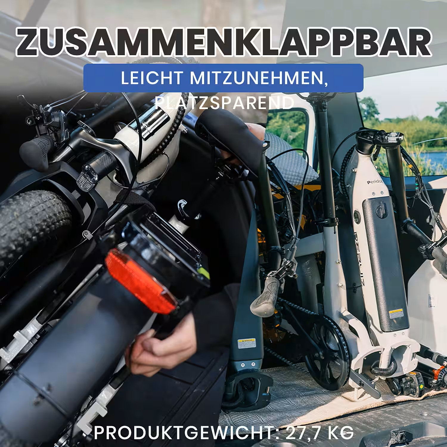 Zusammenklappbare Fahrräder im Kofferraum, leicht und platzsparend.