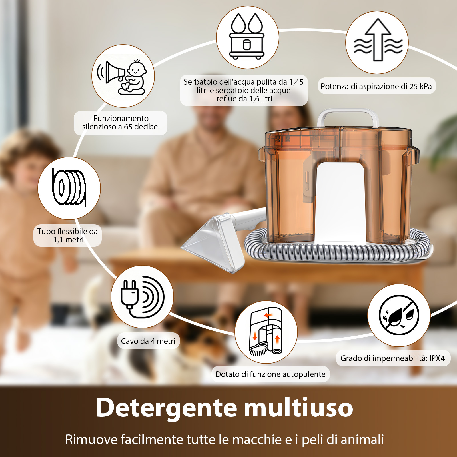 Detergente multiuso: Serbatoio pulita 1,45L, sporca 1,6L, aspirazione 25kPa, cavo 4m.