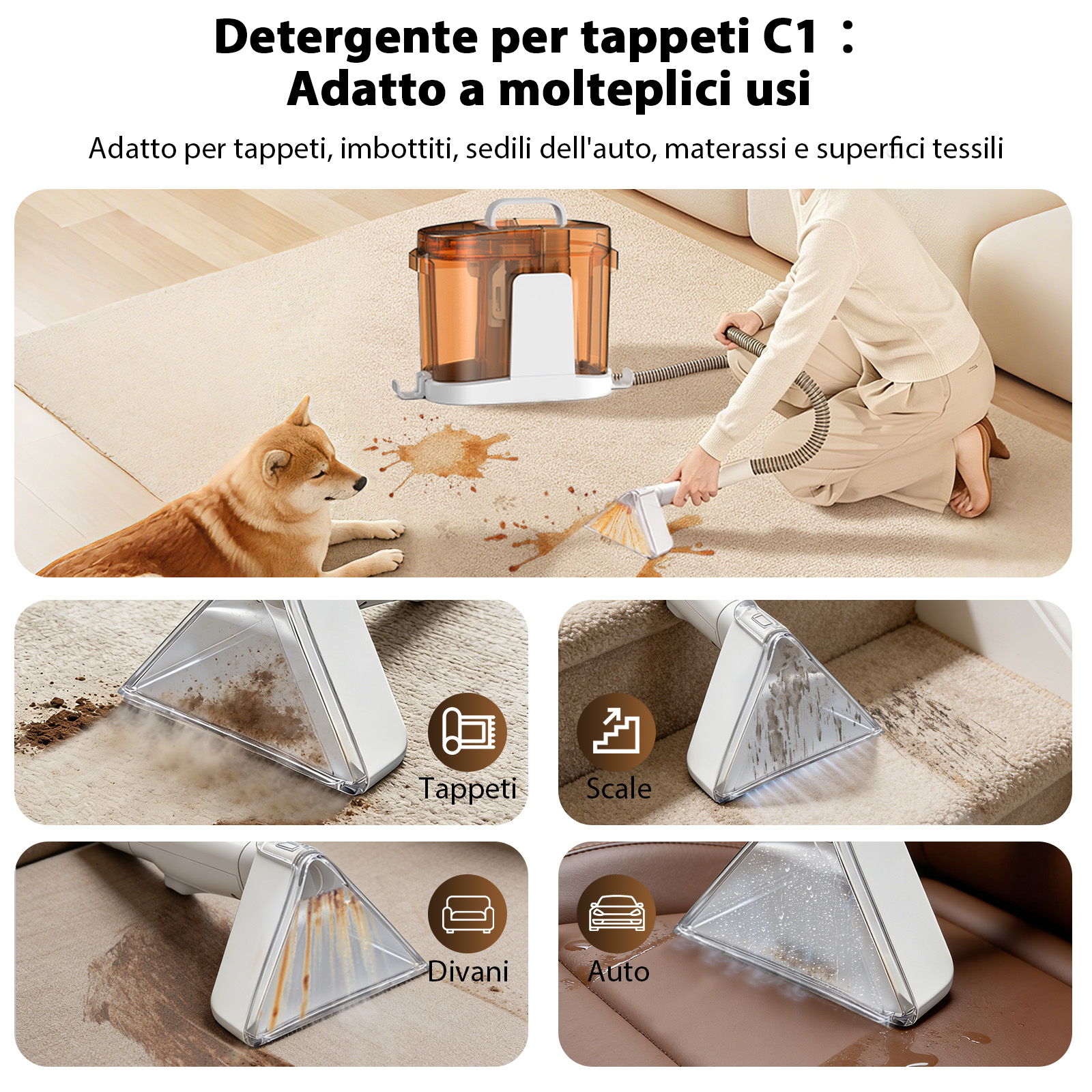 Un cane giace su un tappeto mentre una persona pulisce macchie con un detergente.
