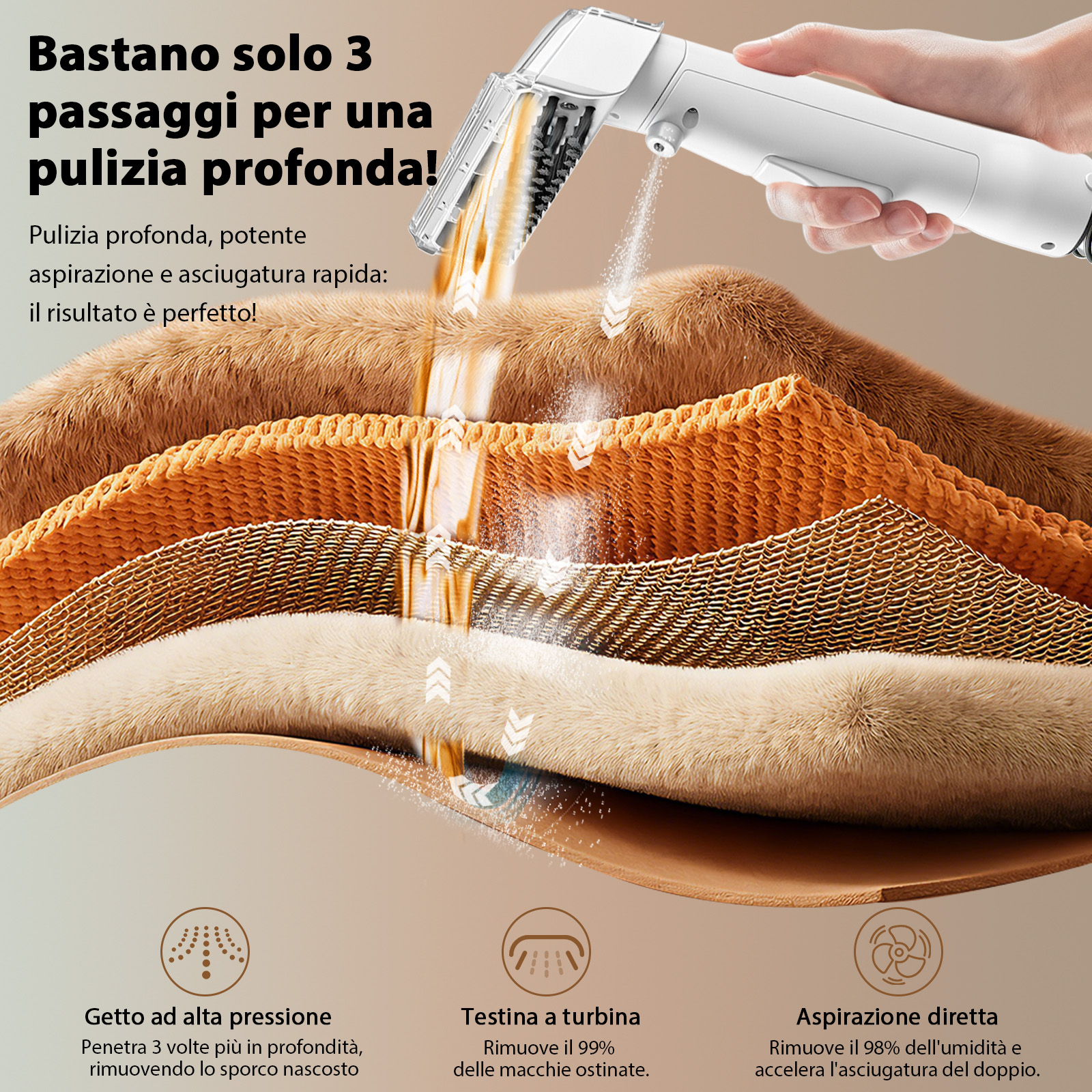 Un dispositivo portatile spruzza liquido su strati di tessuto per una pulizia profonda.