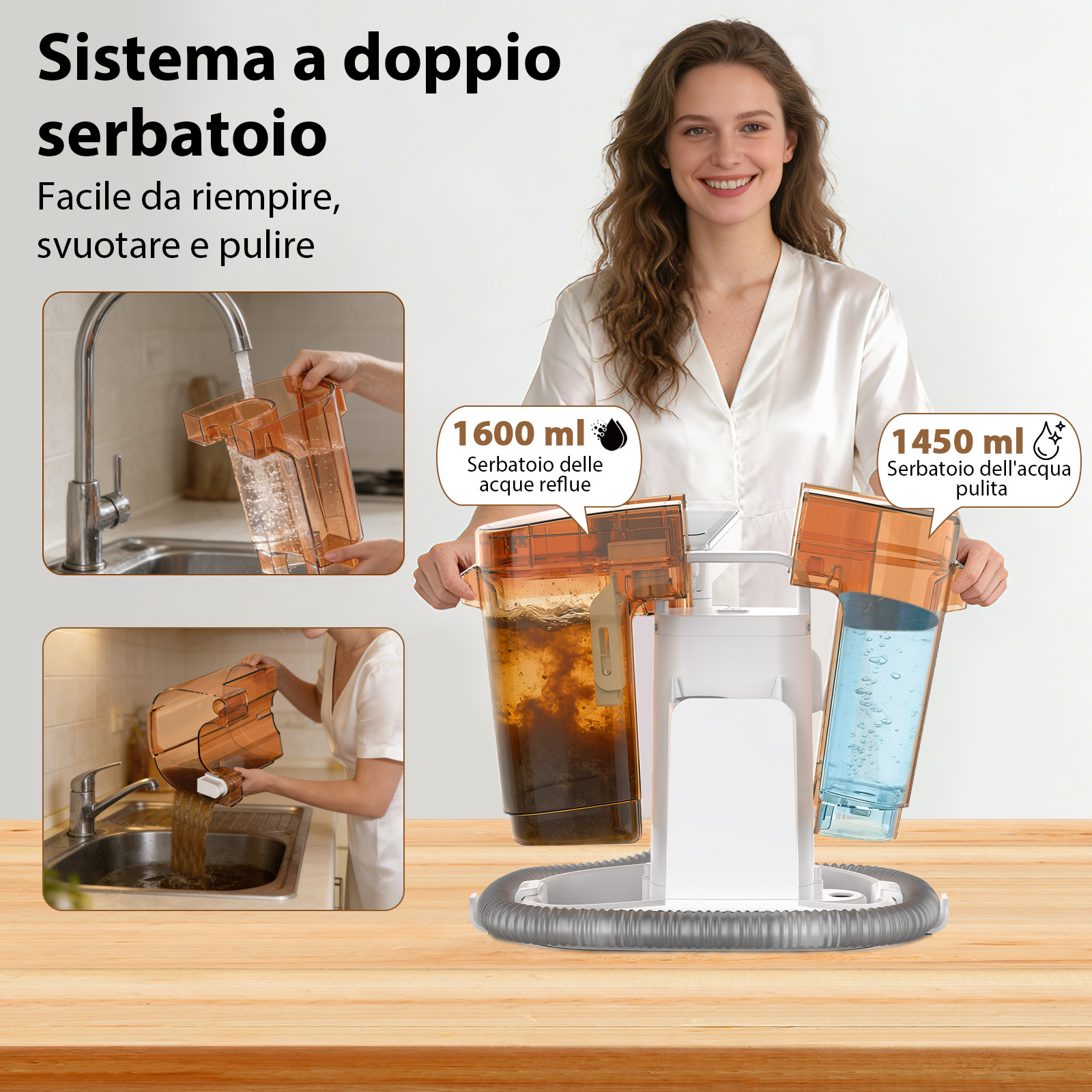 Donna con due serbatoi, acqua sporca e pulita. "Sistema a doppio serbatoio".