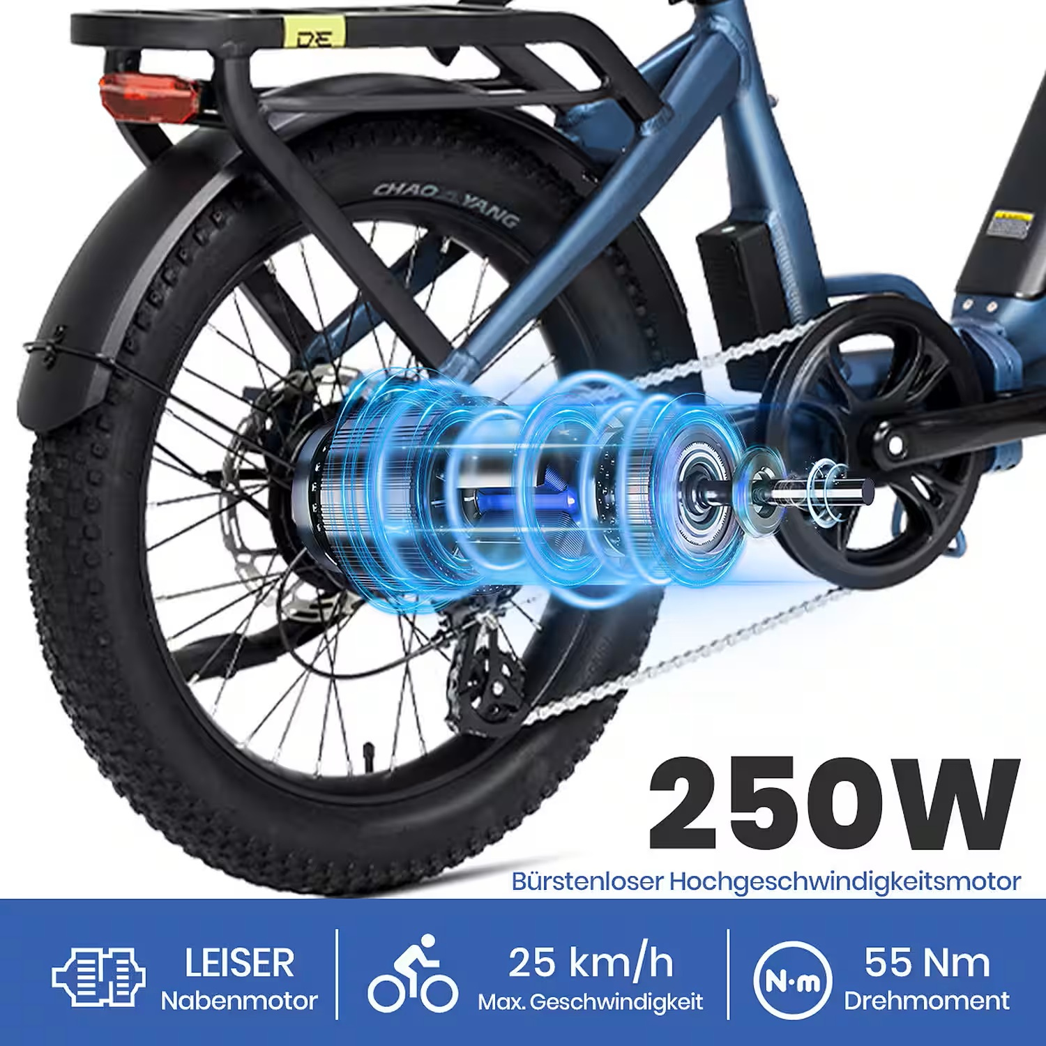 Blauer E-Bike-Motor mit 250W, 25 km/h, 55 Nm Drehmoment, leiser Nabenmotor.