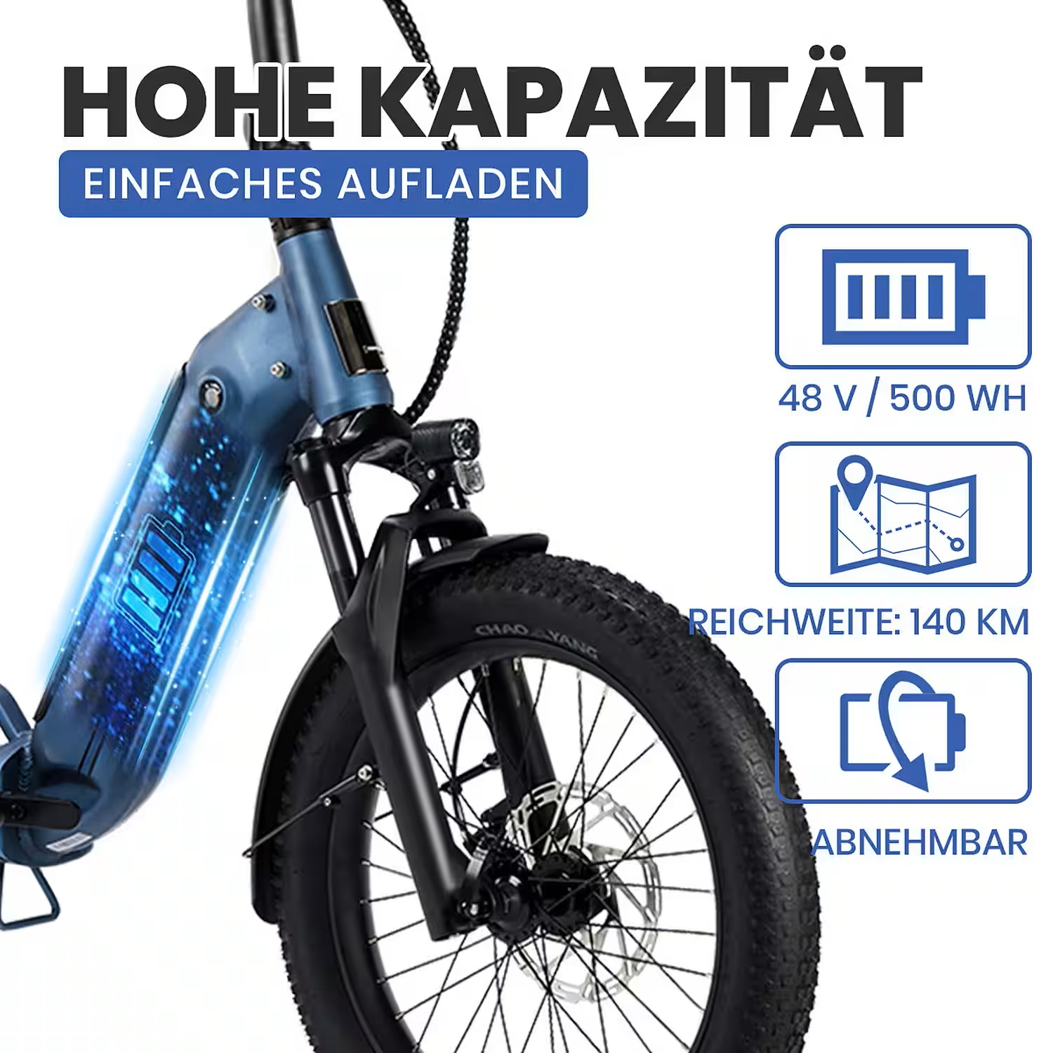 Blaues E-Bike mit Text: Hohe Kapazität, einfaches Aufladen, 48V/500WH, 140km Reichweite.