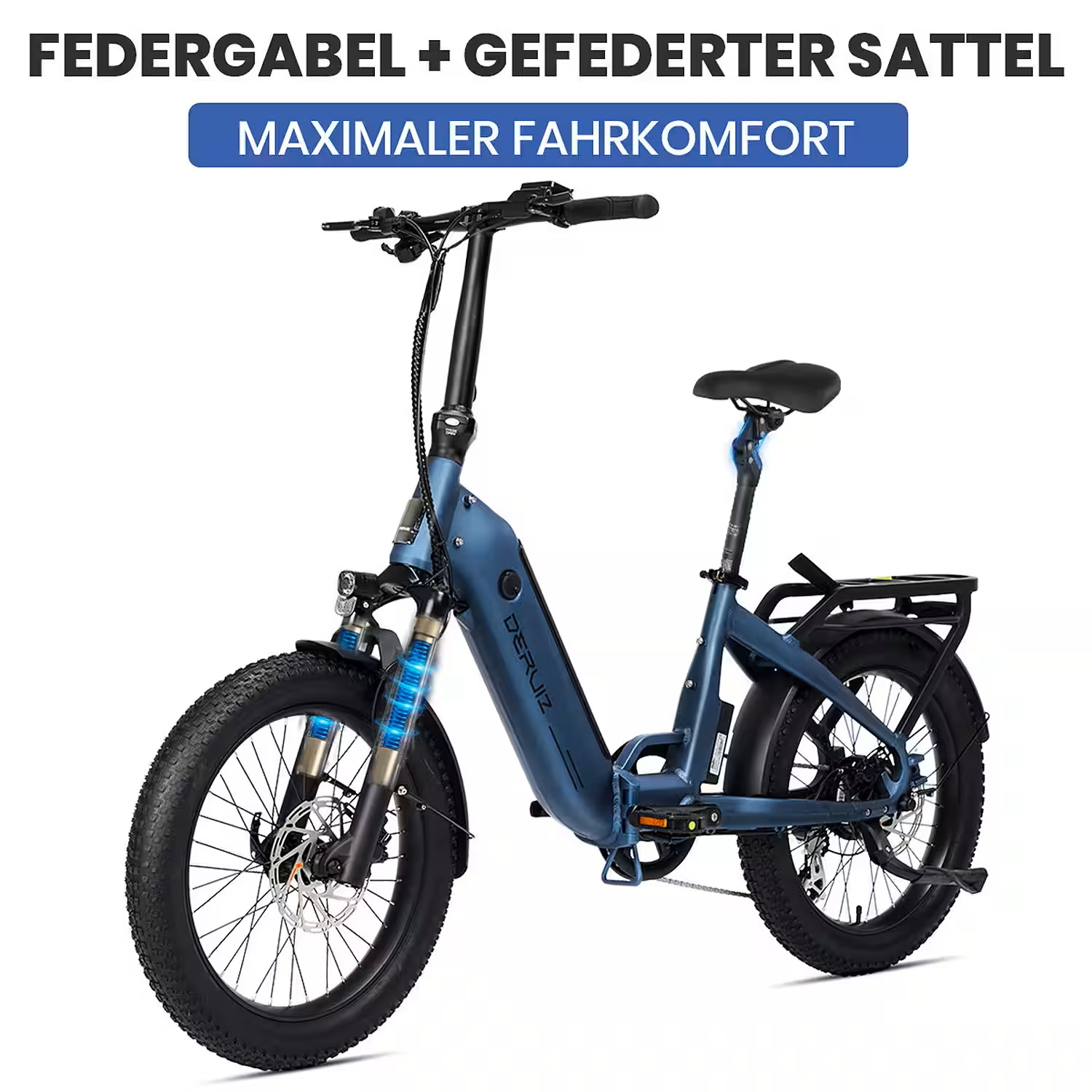 Ein blaues, faltbares Elektrofahrrad mit breiten Reifen und Federung.