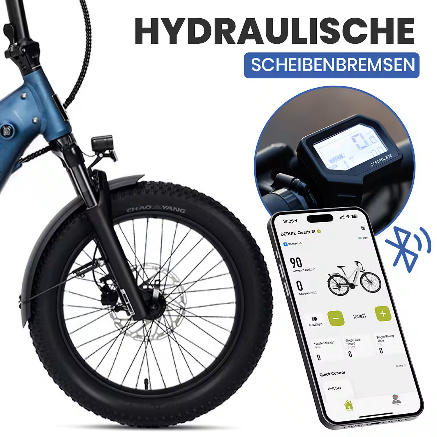 Blauer E-Bike-Rahmen mit Scheibenbremse, Display und Smartphone-App.