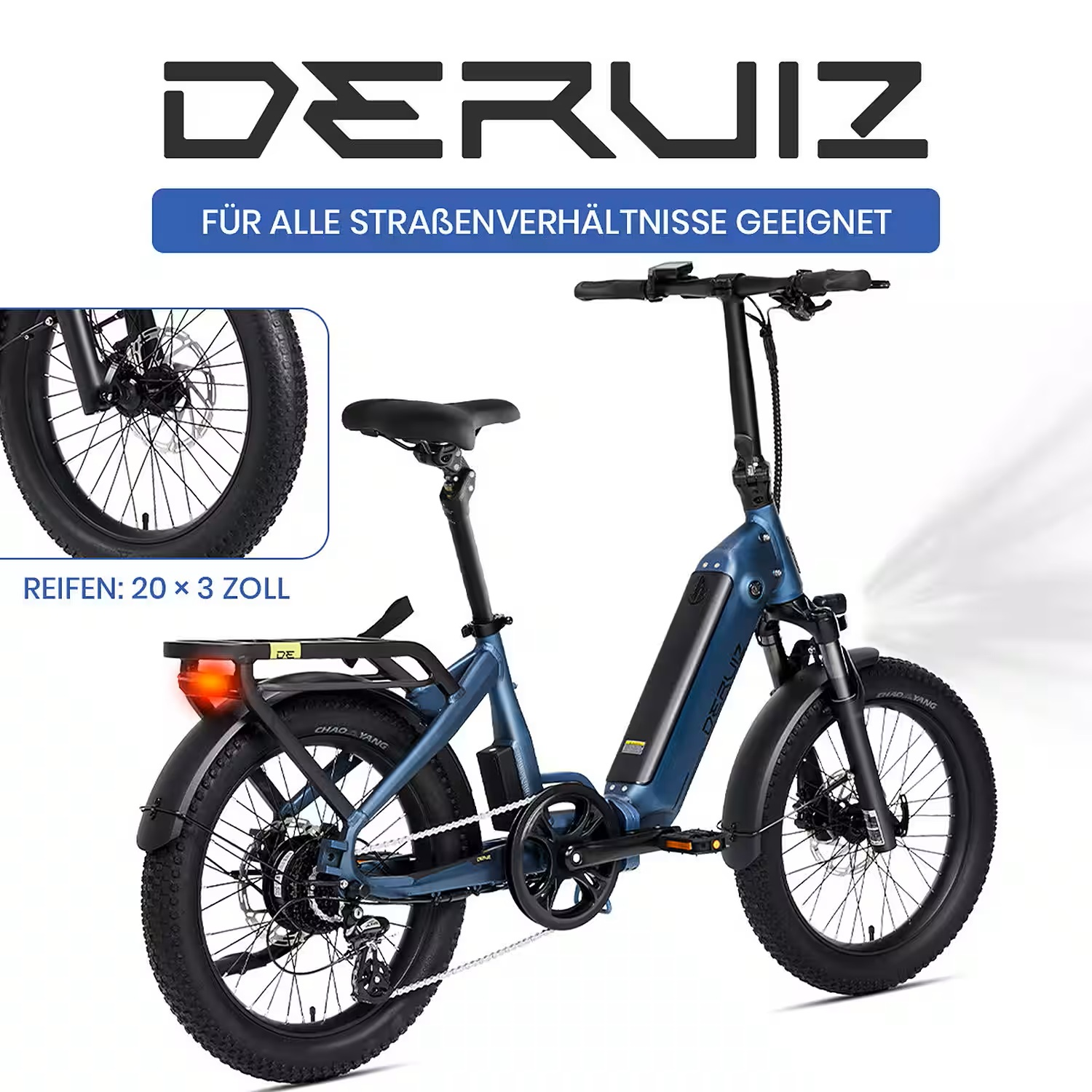 Blaues Elektrofahrrad mit fetten Reifen, Gepäckträger und Rücklicht.