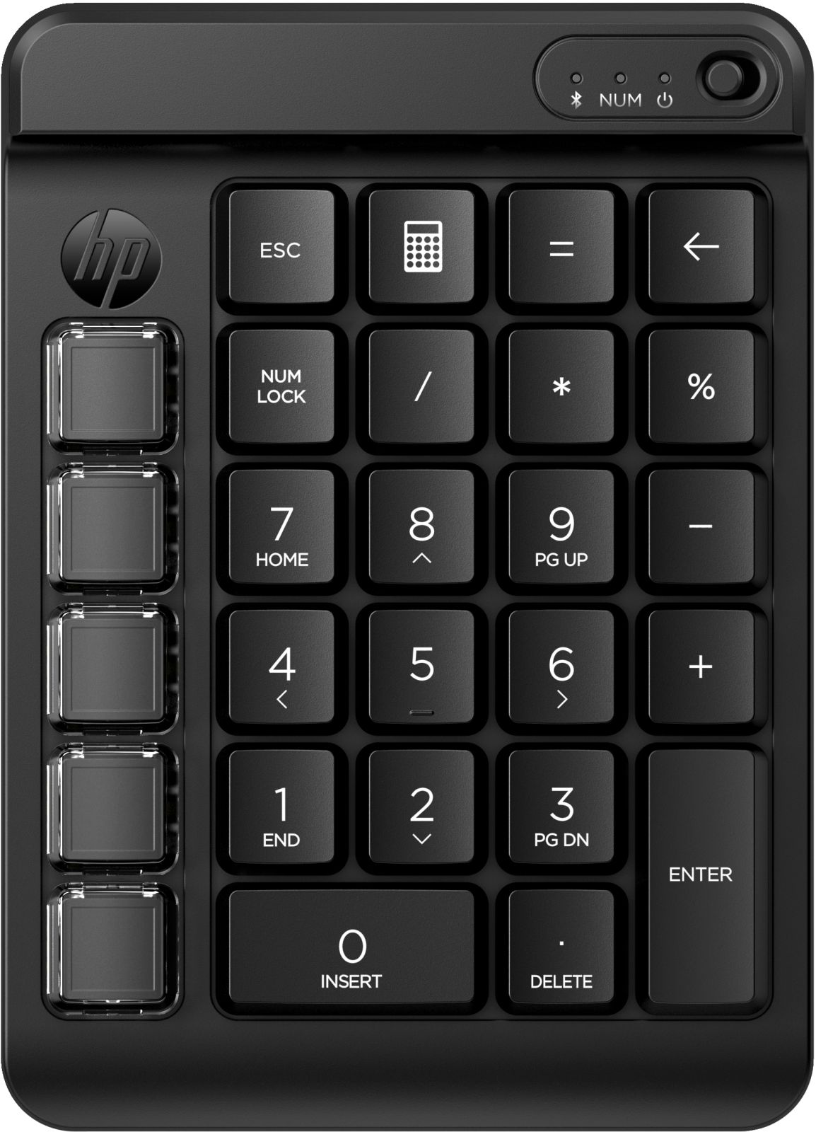 Schwarze Tastatur mit HP-Logo, Nummernblock und Funktionstasten.