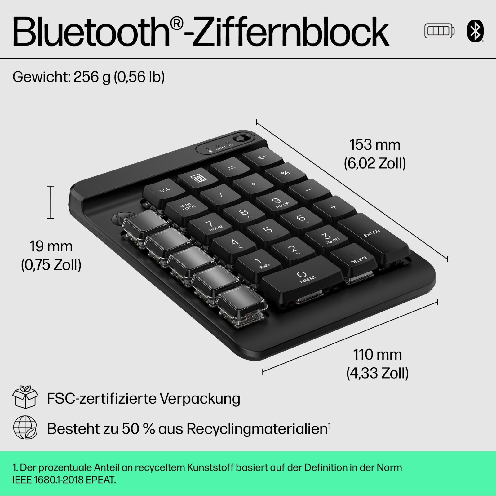 Schwarzer Bluetooth-Ziffernblock mit Maßen und Gewicht. FSC-zertifizierte Verpackung.