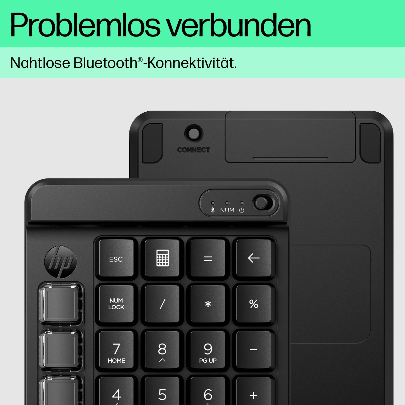 Schwarze HP Tastatur mit Nummernblock und Connect-Taste.