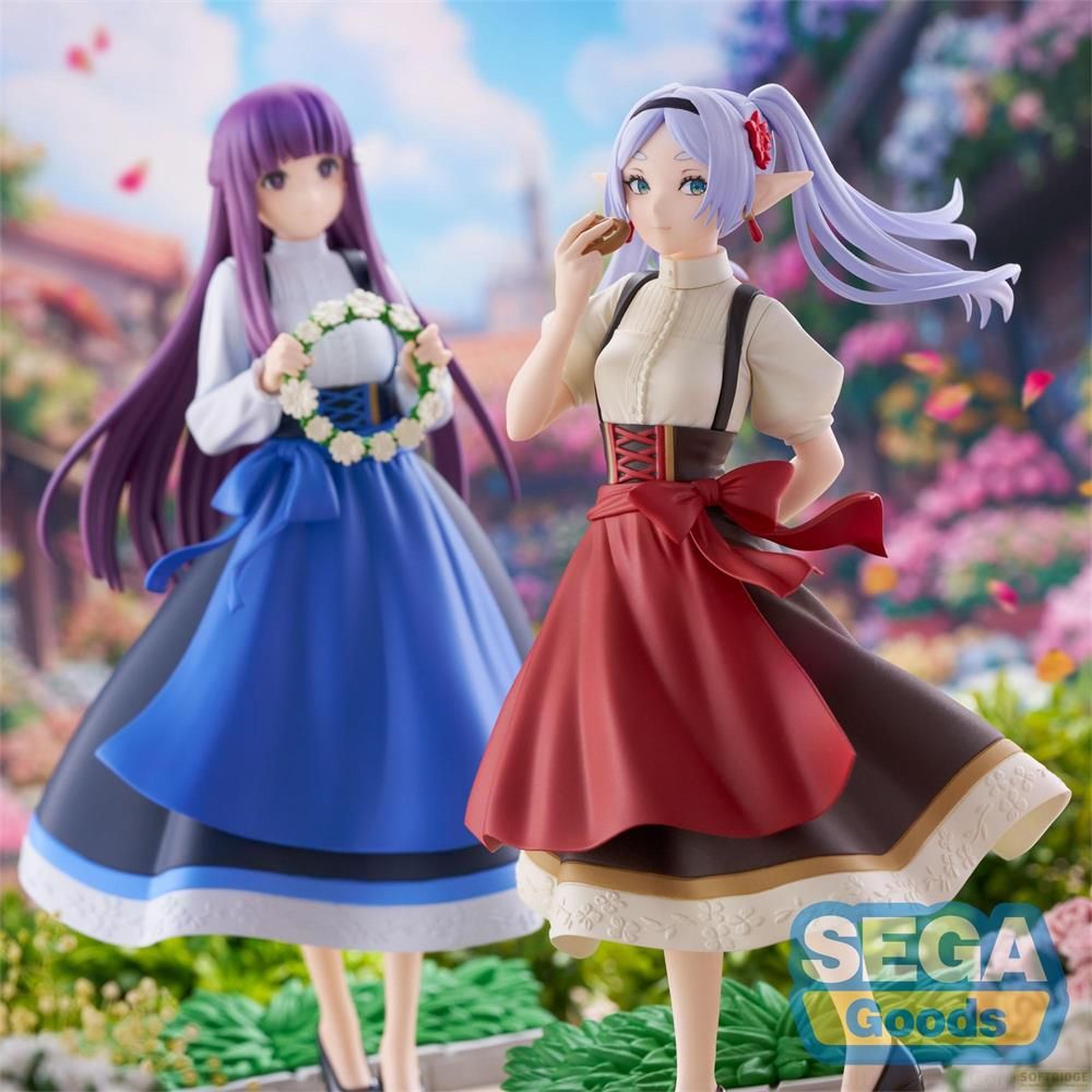 Deux figurines d'anime en robe; une aux cheveux violets tient une couronne, l'autre aux cheveux blonds mange.