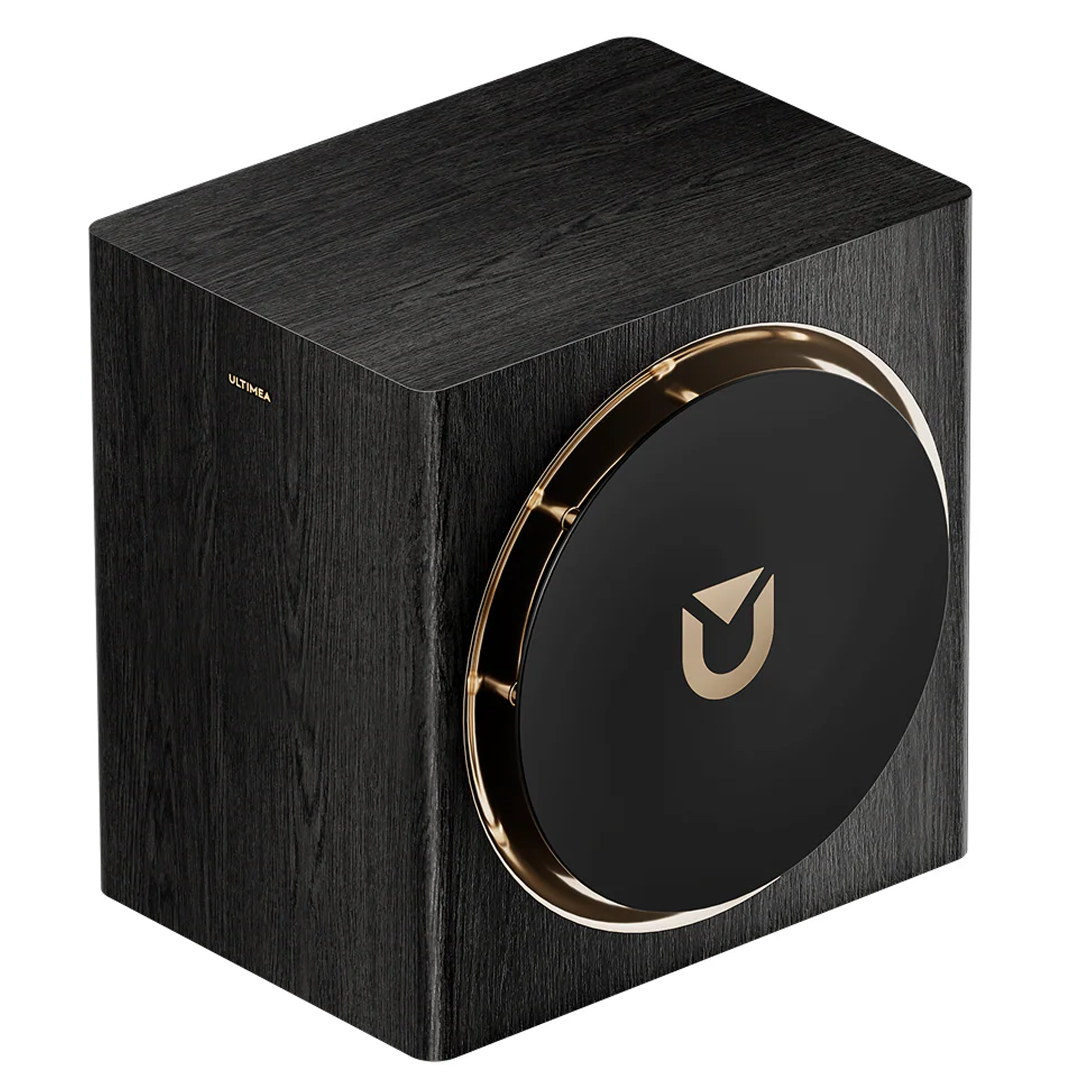Zwarte subwoofer met houtnerf en gouden rand. Logo aan de voorkant.