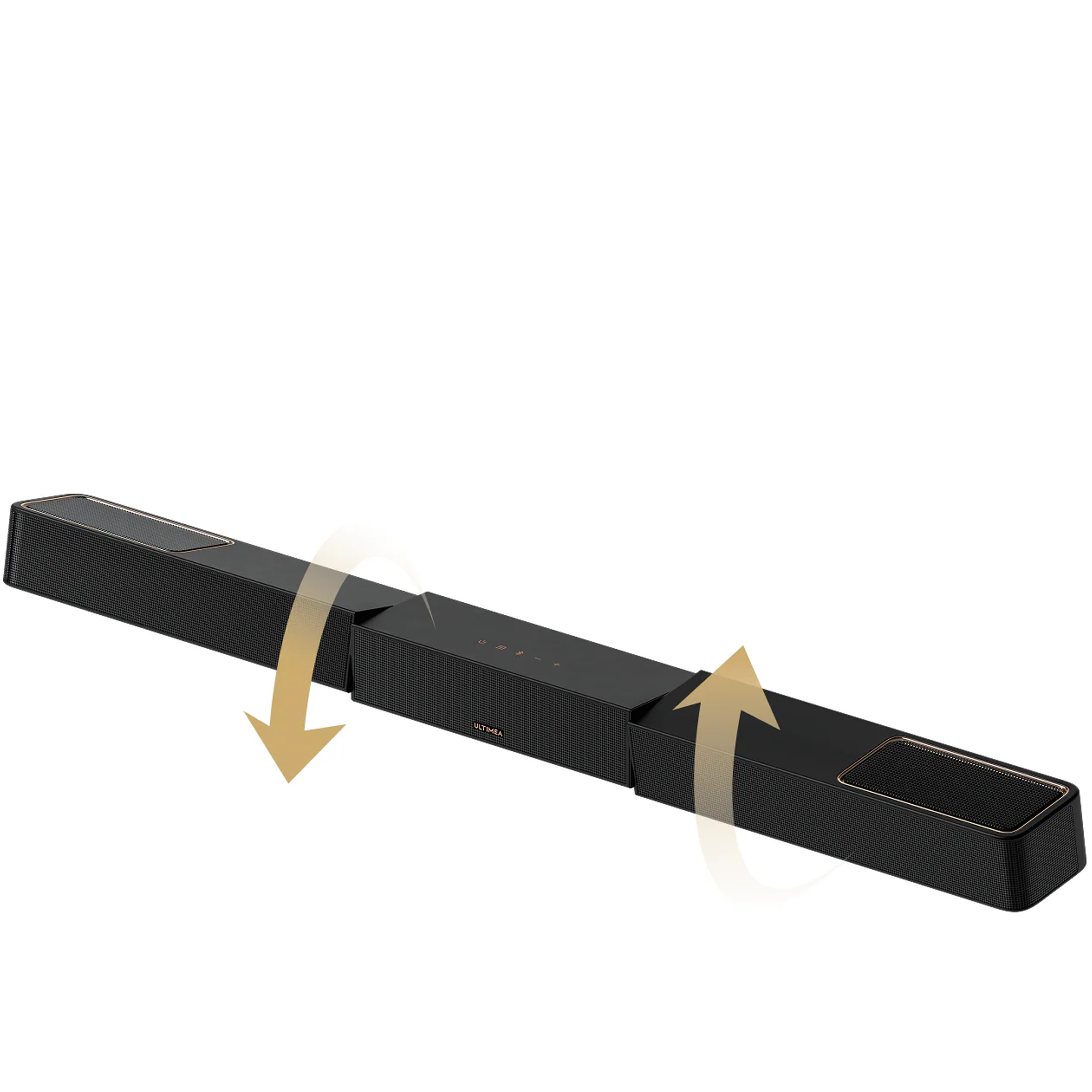 Zwarte soundbar met gouden accenten en pijlen die op- en neerwaartse beweging aangeven.