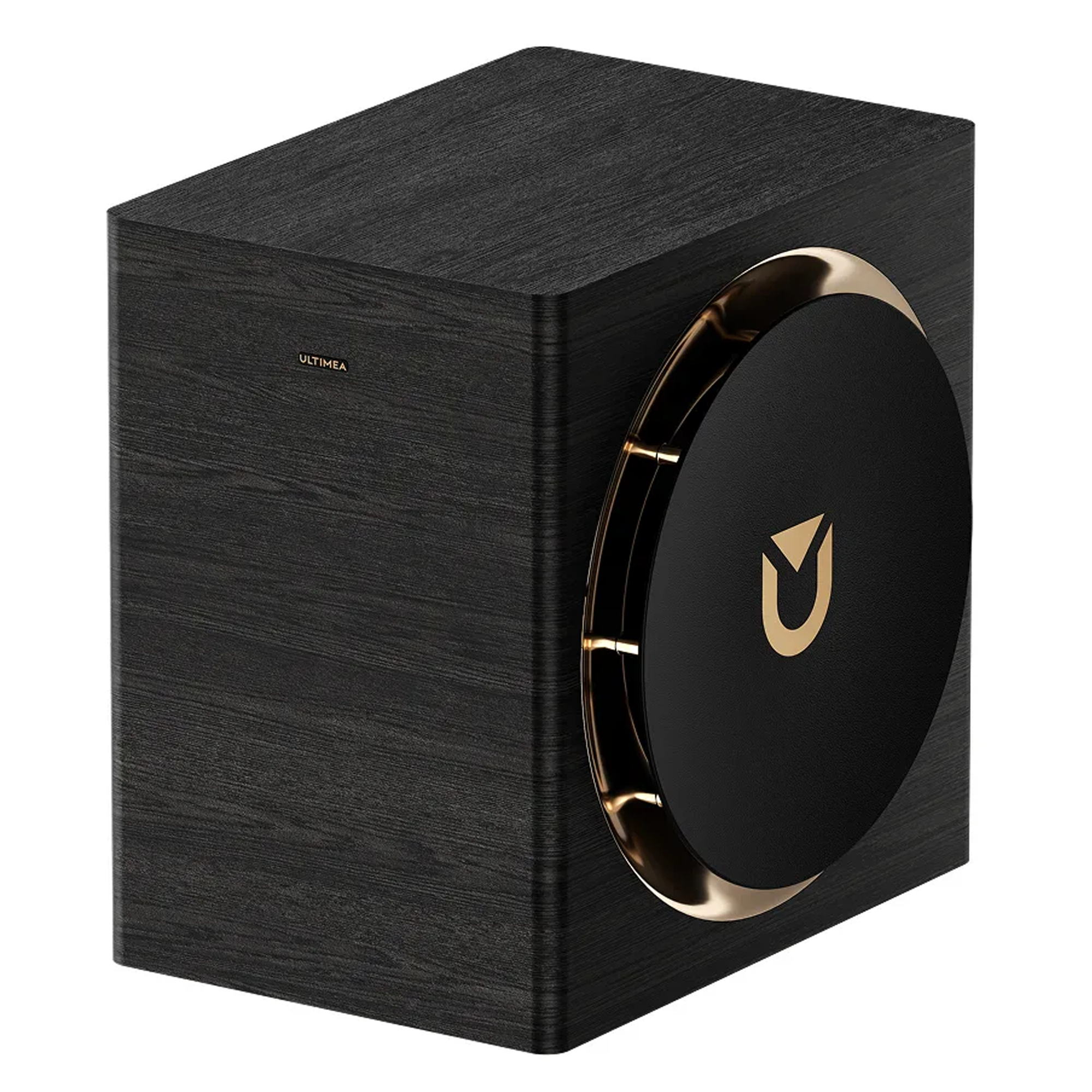 Schwarzer Würfel-Subwoofer mit Holzmaserung und goldenem Akzent.