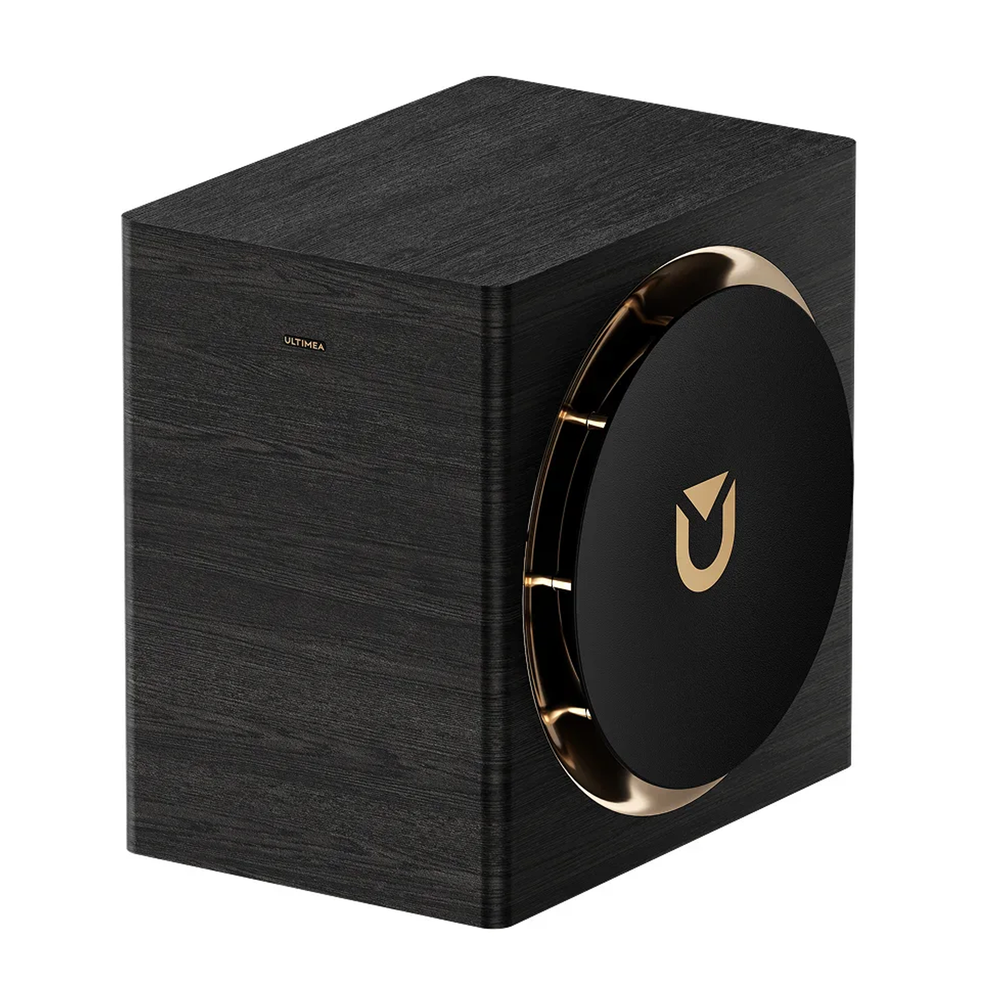 Un subwoofer nero effetto legno con finiture dorate e logo.