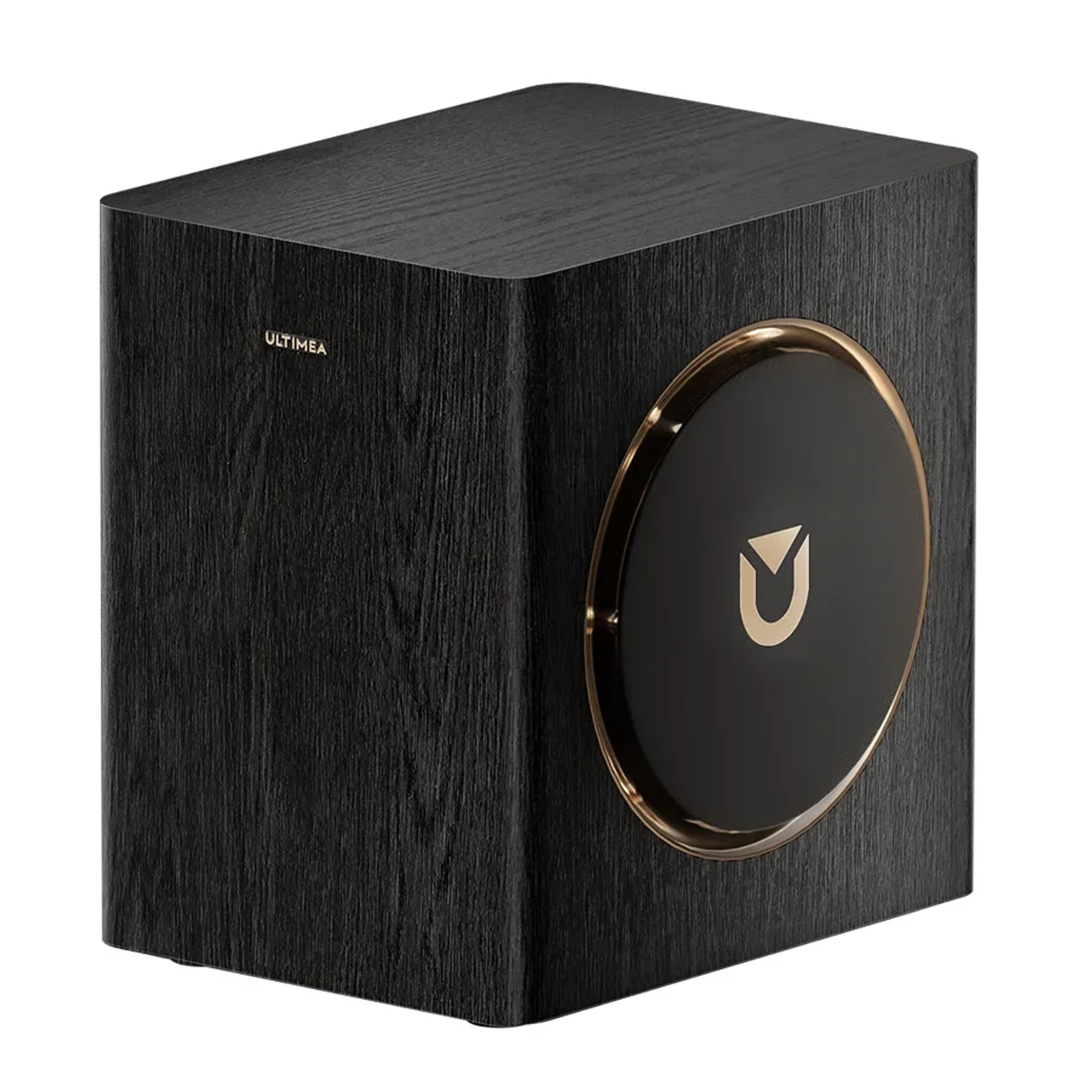 Zwarte luidspreker met houtnerf, gouden rand en logo.