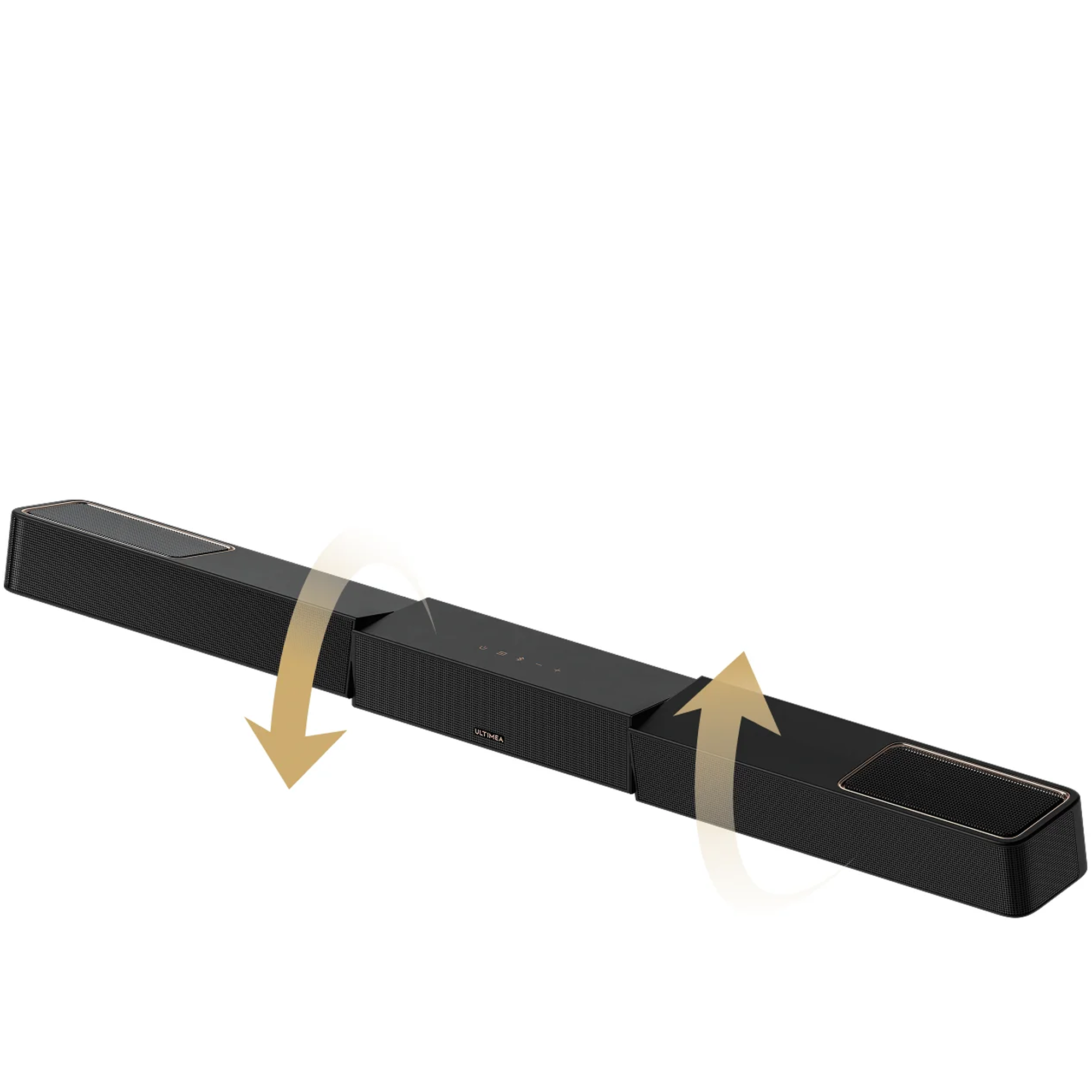 Zwarte, uitschuifbare soundbar met gouden accenten en pijlen die expansie aangeven.