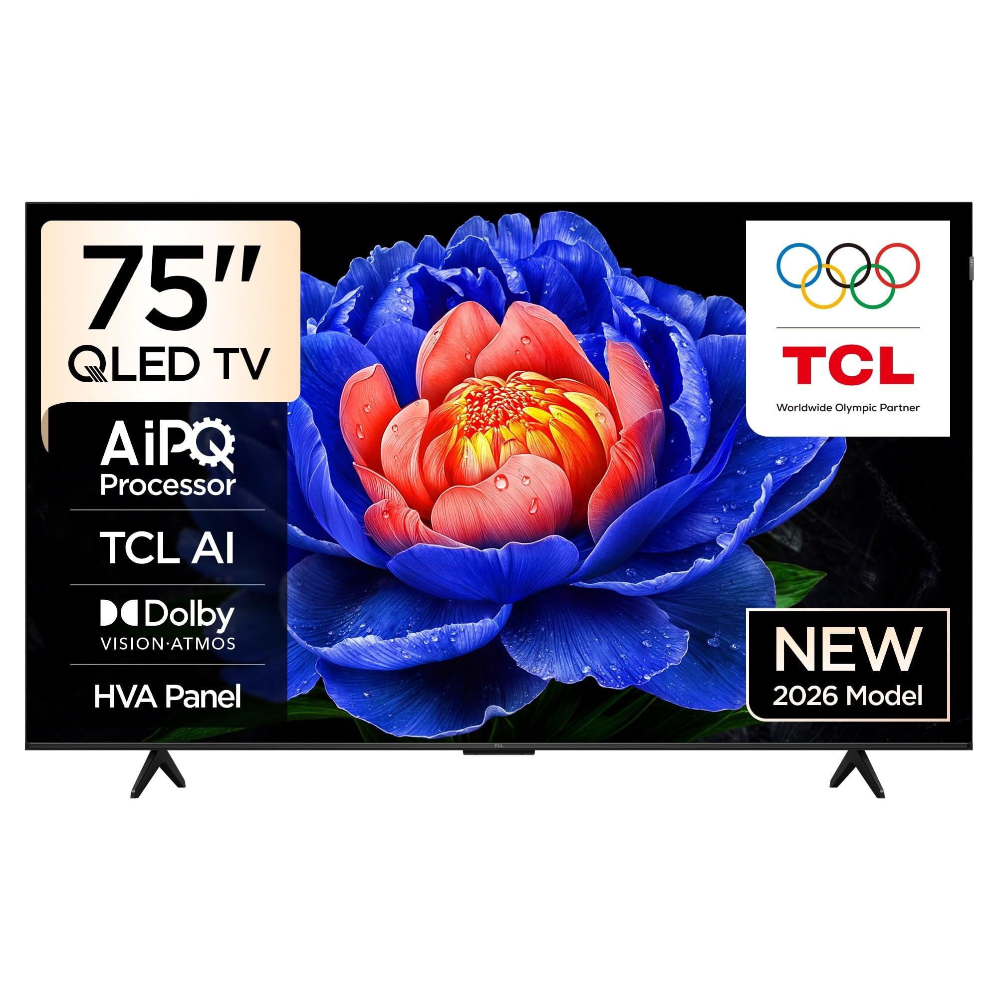 75" QLED TV, çiçek grafiği, TCL ve Olimpiyat logosu. Yeni 2026.
