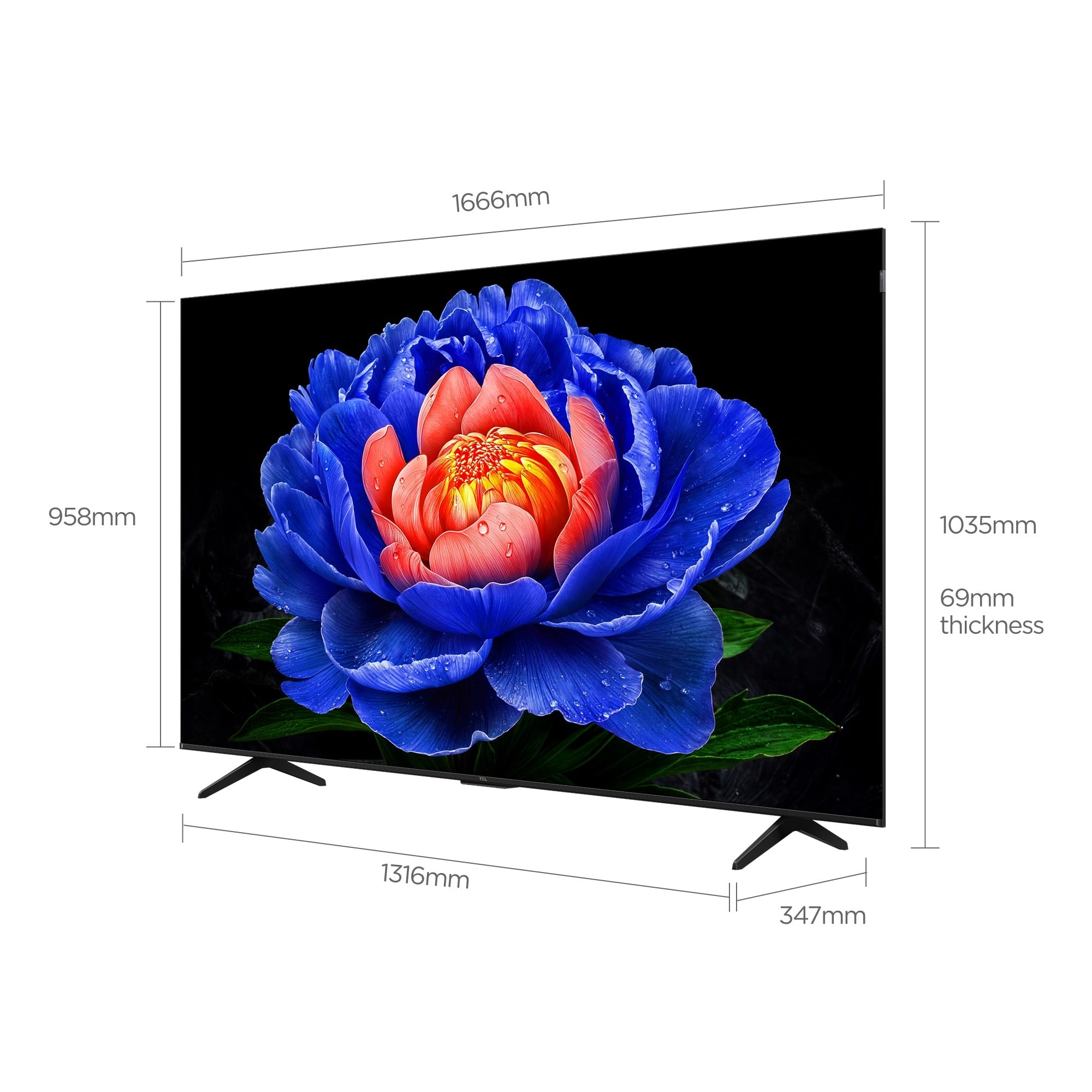 Ekranında mavi ve kırmızı çiçek resmi gösteren modern bir televizyon.