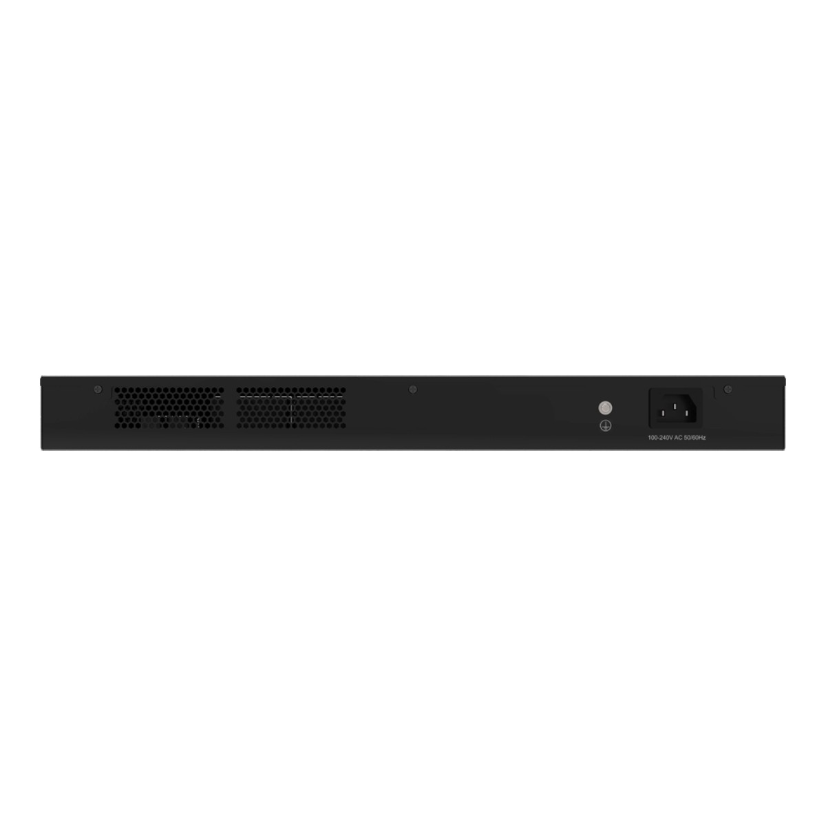 Dispositivo de red negro con rejillas de ventilación y conector de alimentación.