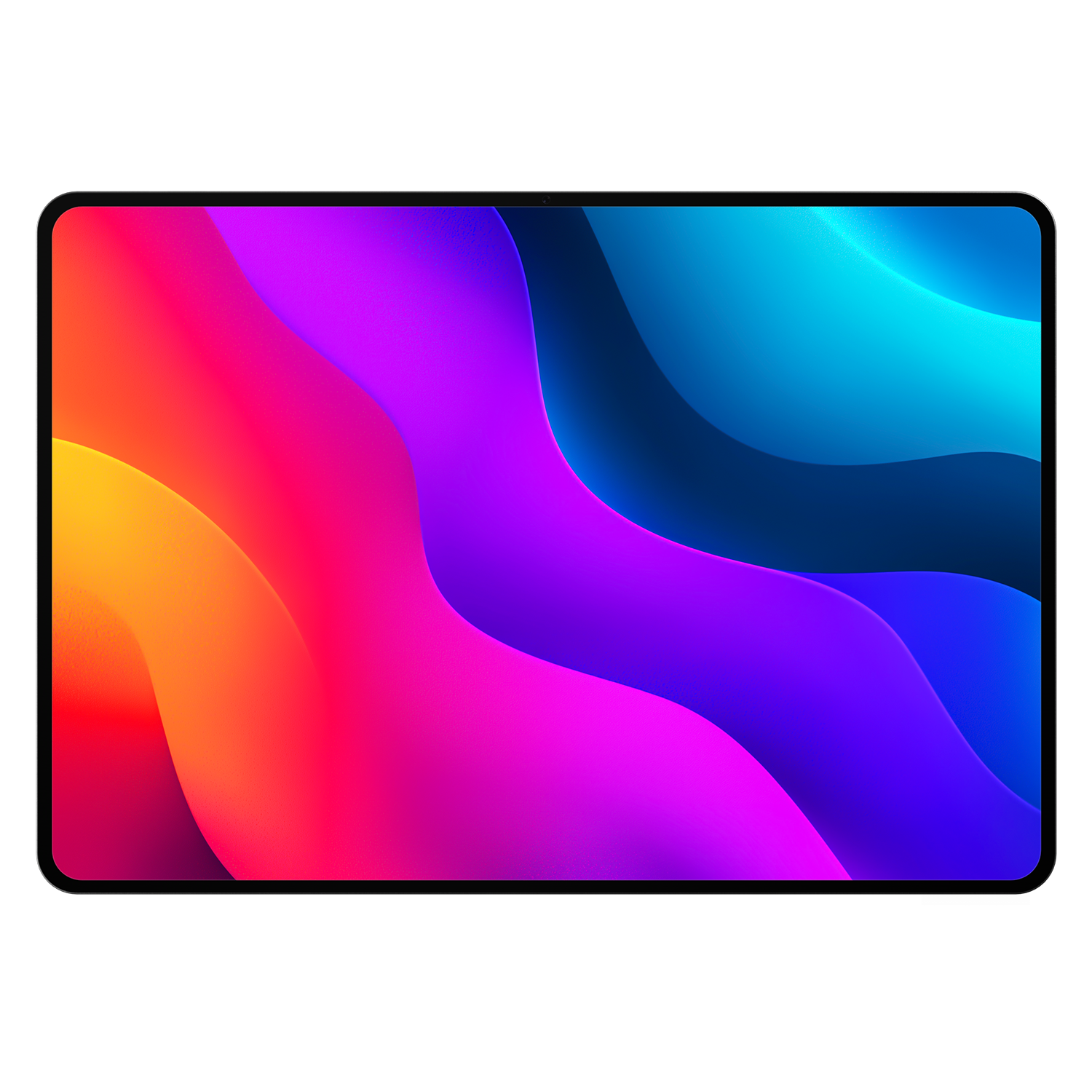 Tablet ekranında turuncu, pembe ve mavi soyut dalgalar.