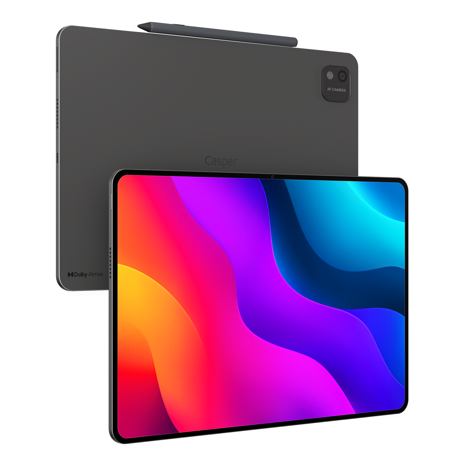 Kalemli koyu gri Casper tablet, renkli ekrana sahip başka bir tabletin önünde duruyor.