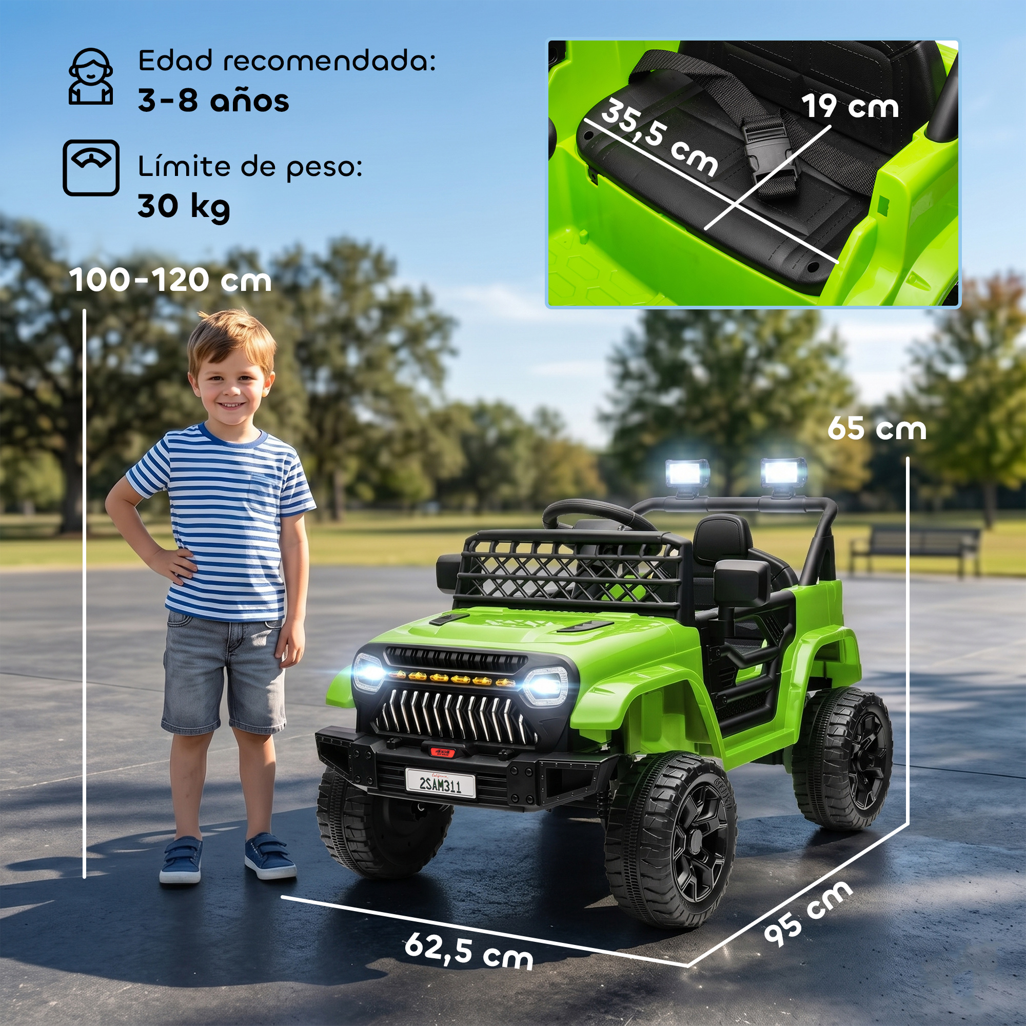 Coche eléctrico verde con un niño delante. Se muestran dimensiones y recomendaciones de edad.
