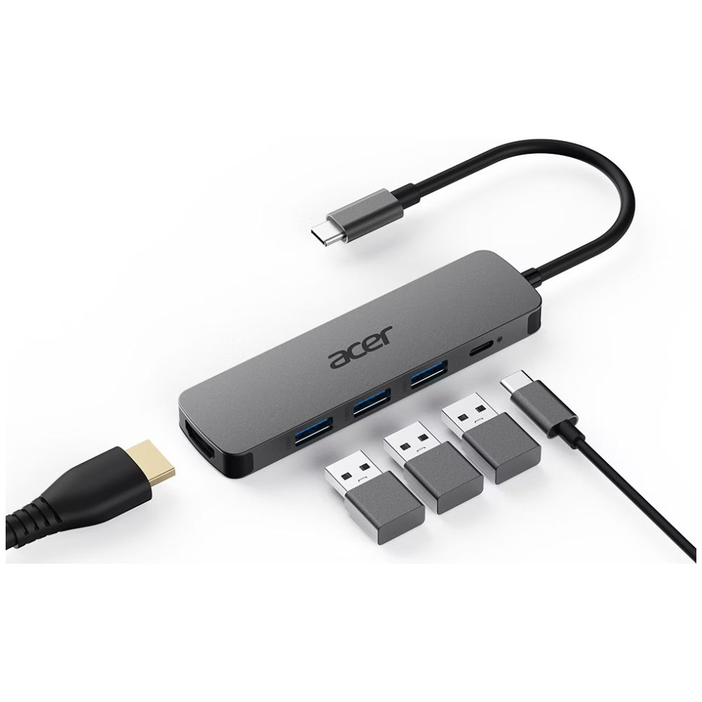 Hub USB-C gris de Acer con puertos HDMI y USB, tres memorias USB.