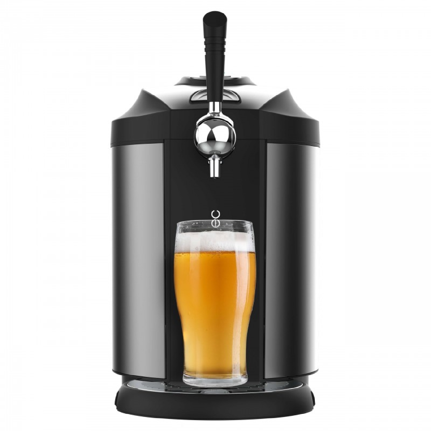 Un bicchiere di birra su un sistema di spillatura con rubinetto argentato.