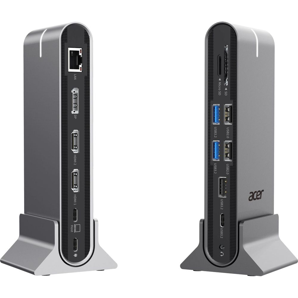 Dos estaciones de acoplamiento Acer plateadas, vistas frontal y lateral, mostrando puertos como USB, HDMI y ranuras para tarjetas SD.