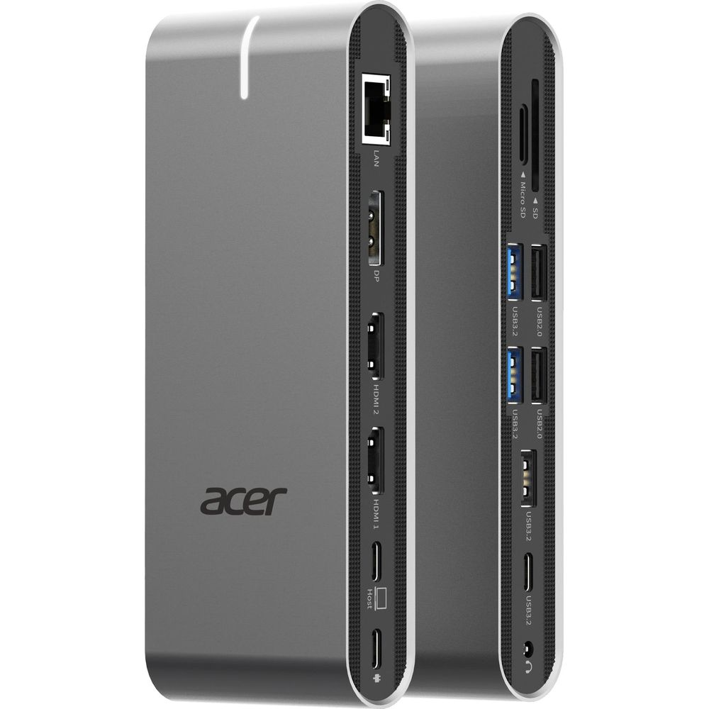 Dos estaciones de acoplamiento Acer grises una al lado de la otra con varios puertos.