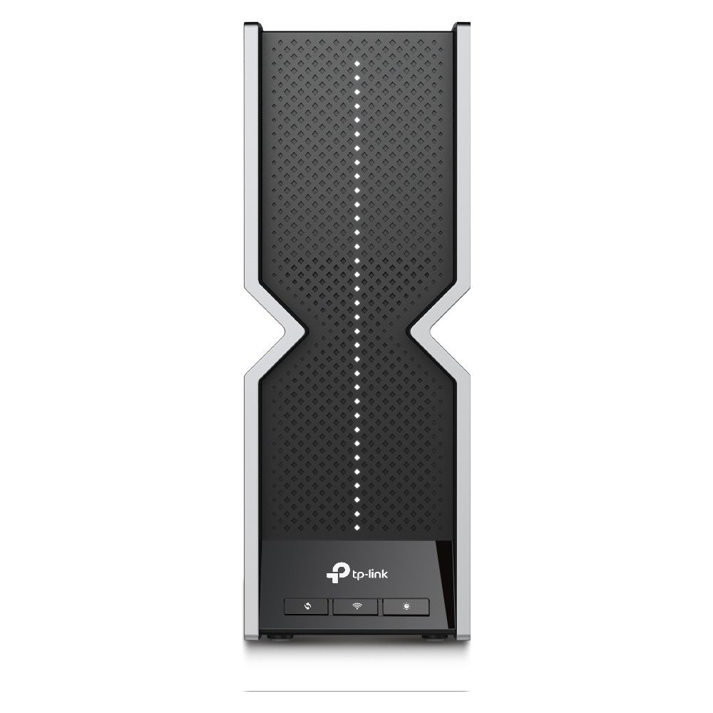 Un elegante router TP-Link negro con patrón de diamantes y LEDs.