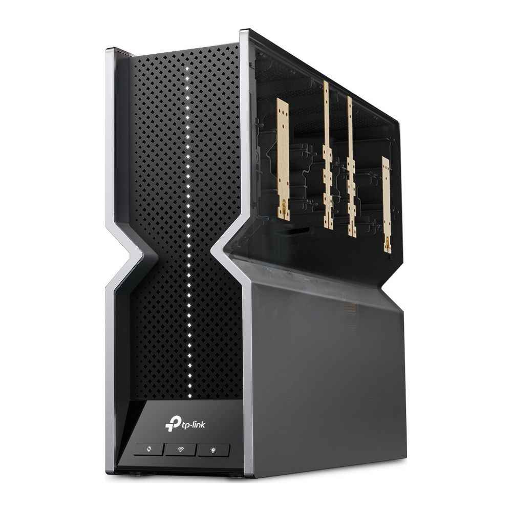 Un router TP-Link negro con carcasa perforada y componentes internos visibles.