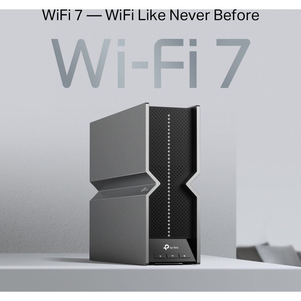 Un router WiFi 7 moderno y elegante con panel frontal perforado y logo TP-Link.