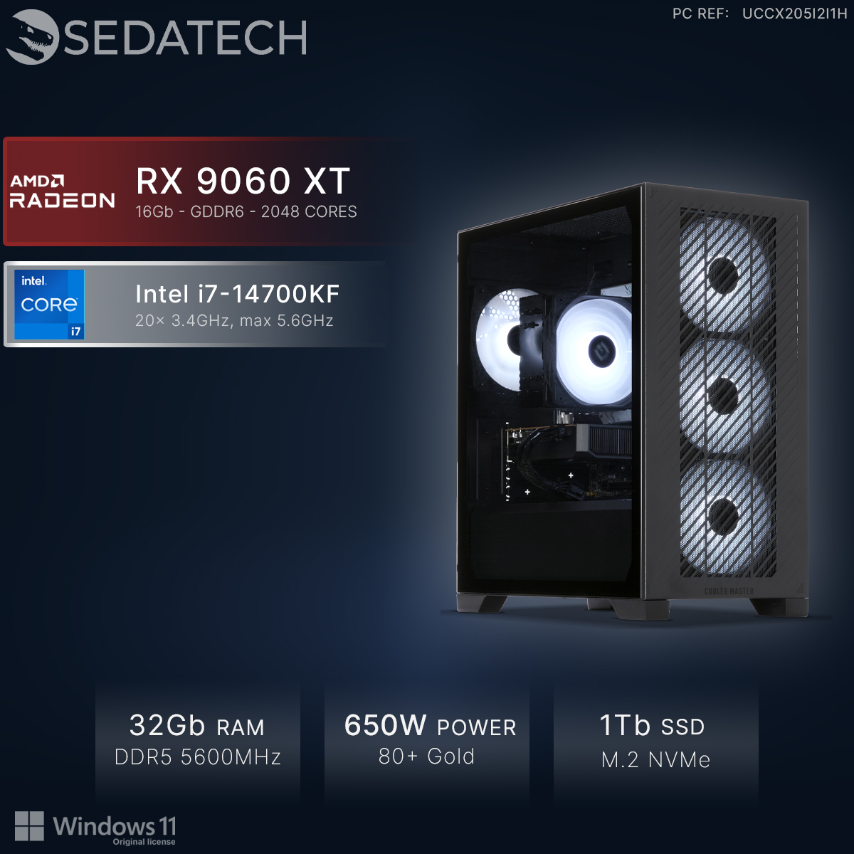 Komputer Sedatech z kartą RX 9060 XT i procesorem Intel i7-14700KF.