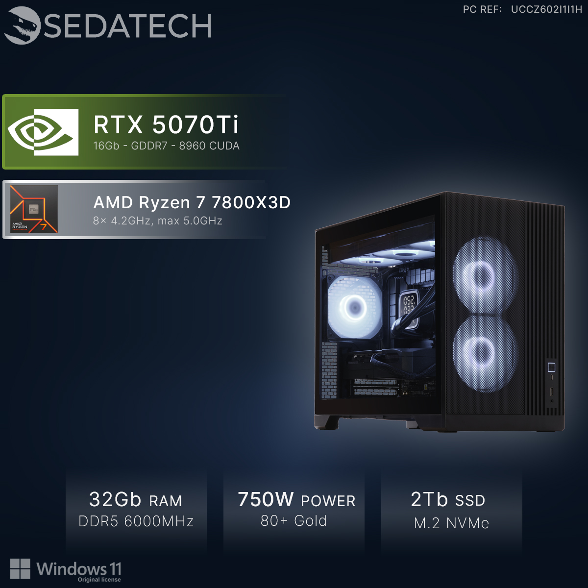 Czarny PC z wentylatorami RGB, RTX 5070Ti i procesorem AMD Ryzen 7.
