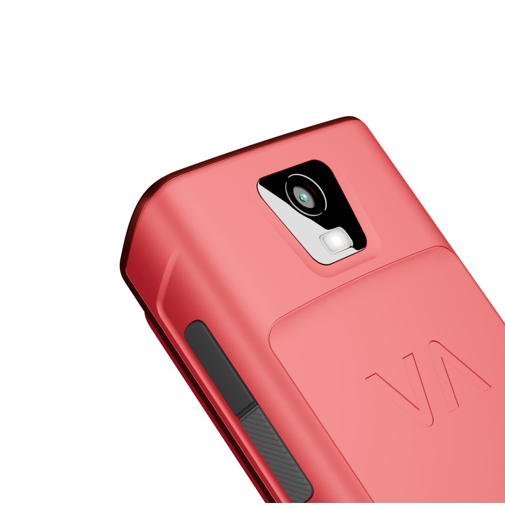 Rotes Handy mit Kamera und Blitz auf schwarzem Hintergrund.