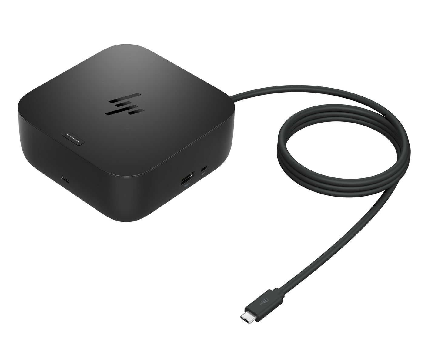 Hub di docking HP nero con cavo USB-C su sfondo bianco.