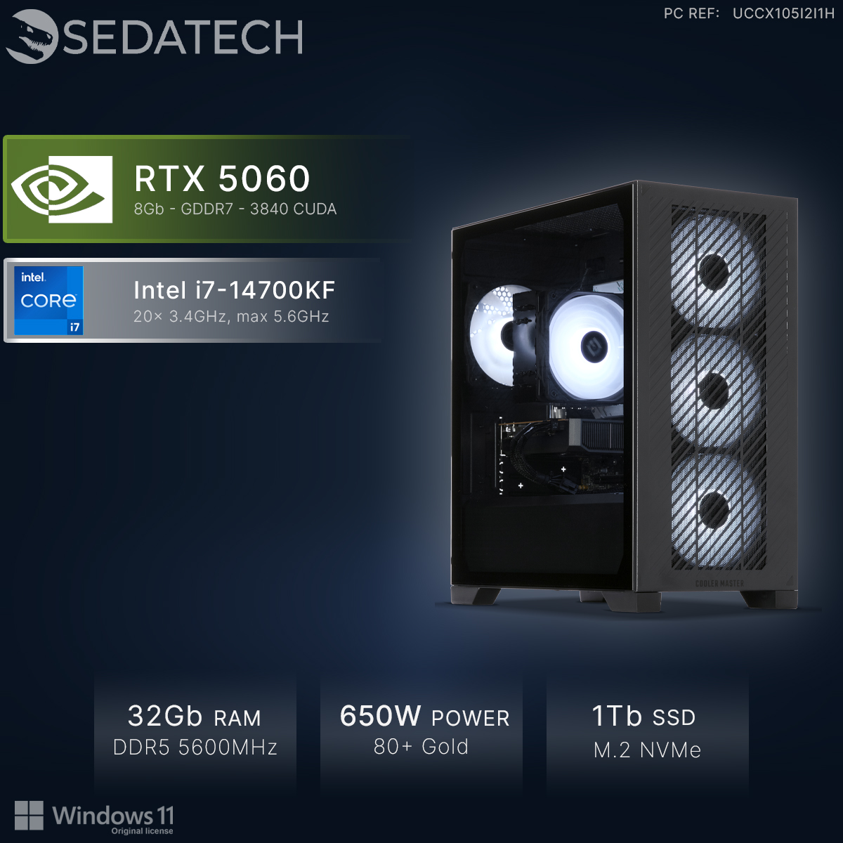 Sedatech PC: RTX 5060, Intel i7-14700KF, 32GB RAM, 650W Netzteil, 1TB SSD.