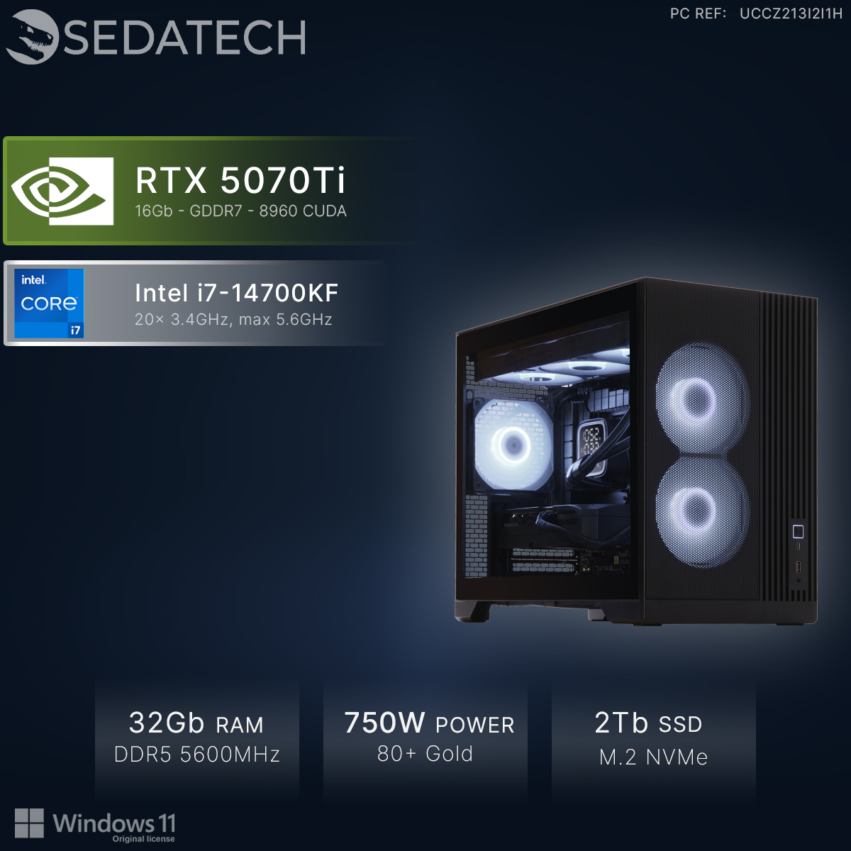Tower PC nero con ventole RGB, RTX 5070Ti, Intel i7, 32GB RAM.