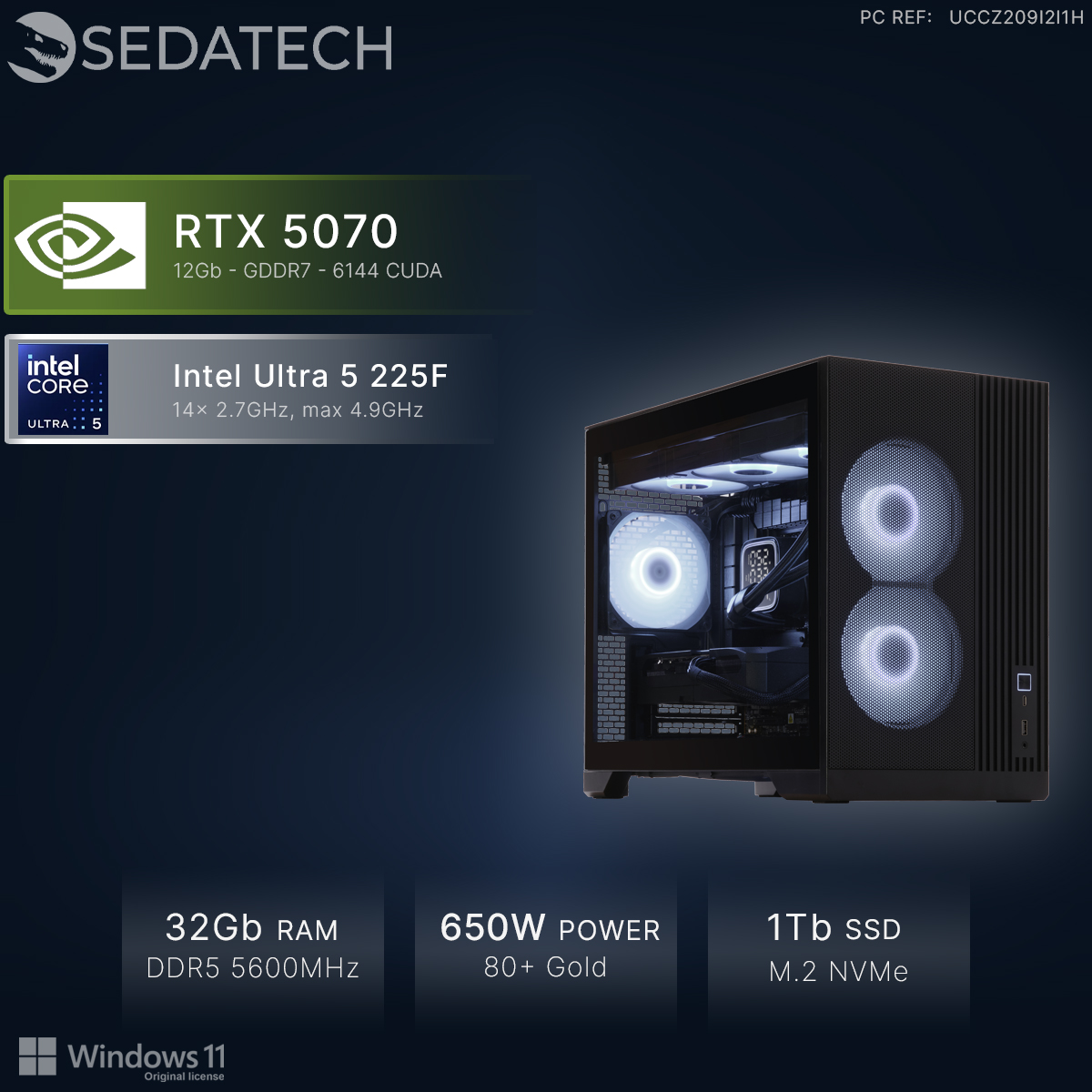 Czarny komputer z oświetleniem RGB, RTX 5070, Intel Ultra 5, 32 GB RAM.