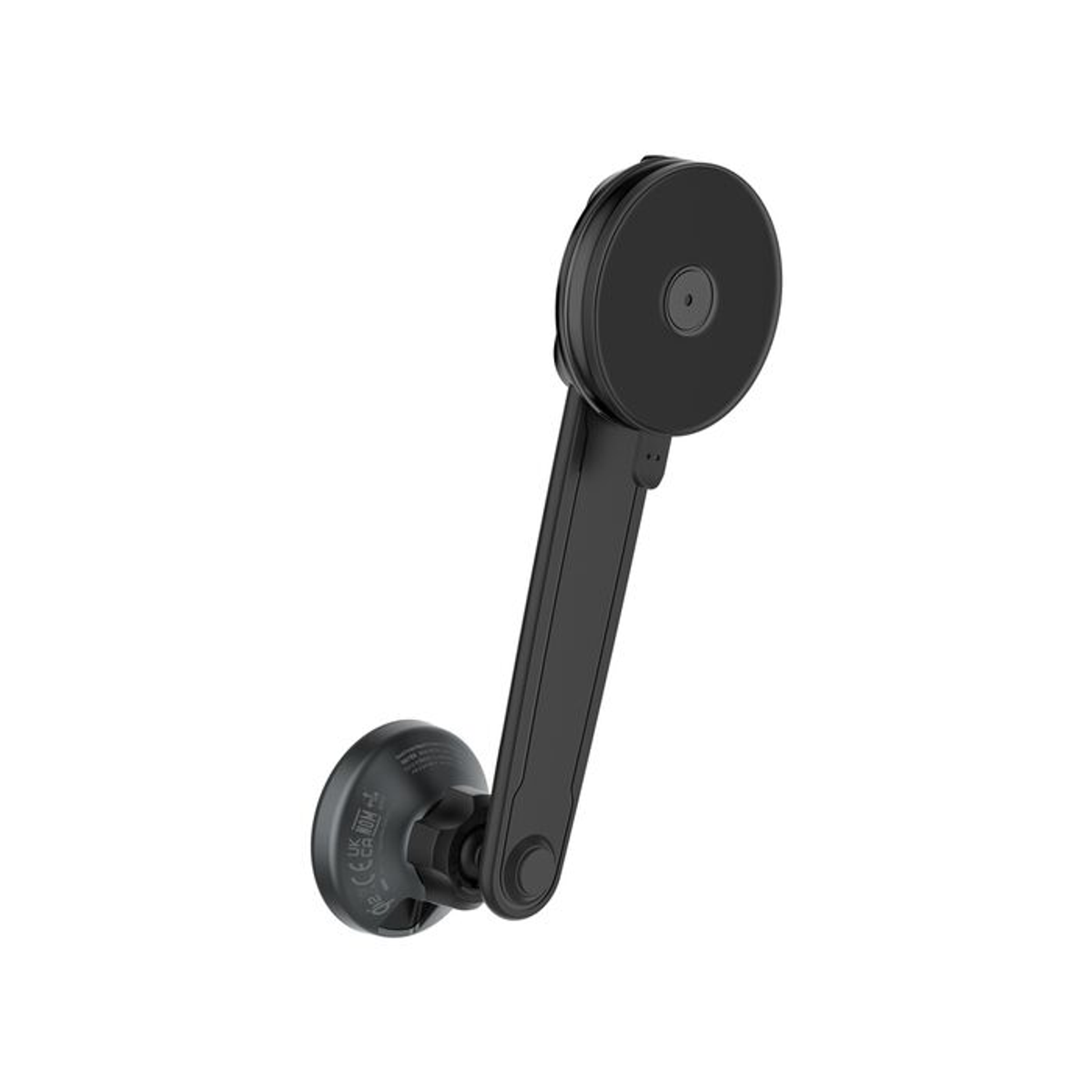 Un supporto pieghevole nero per telefono con ventosa e piastra rotonda.