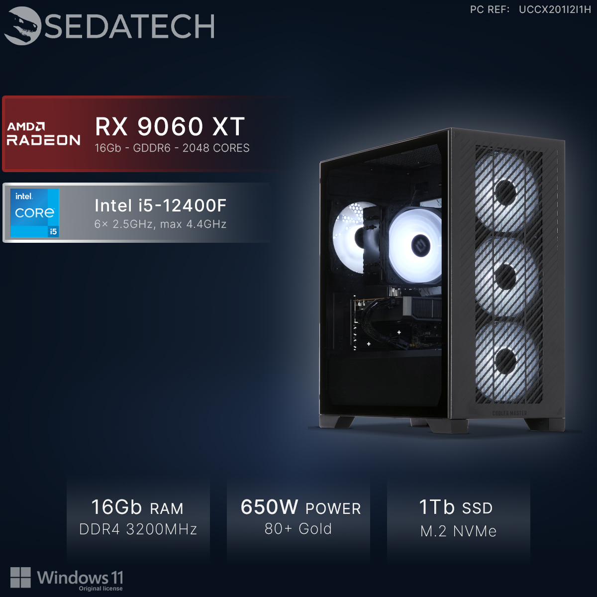 PC Sedatech: AMD RX 9060 XT, Intel i5-12400F, 16GB RAM, 650W, SSD 1TB.