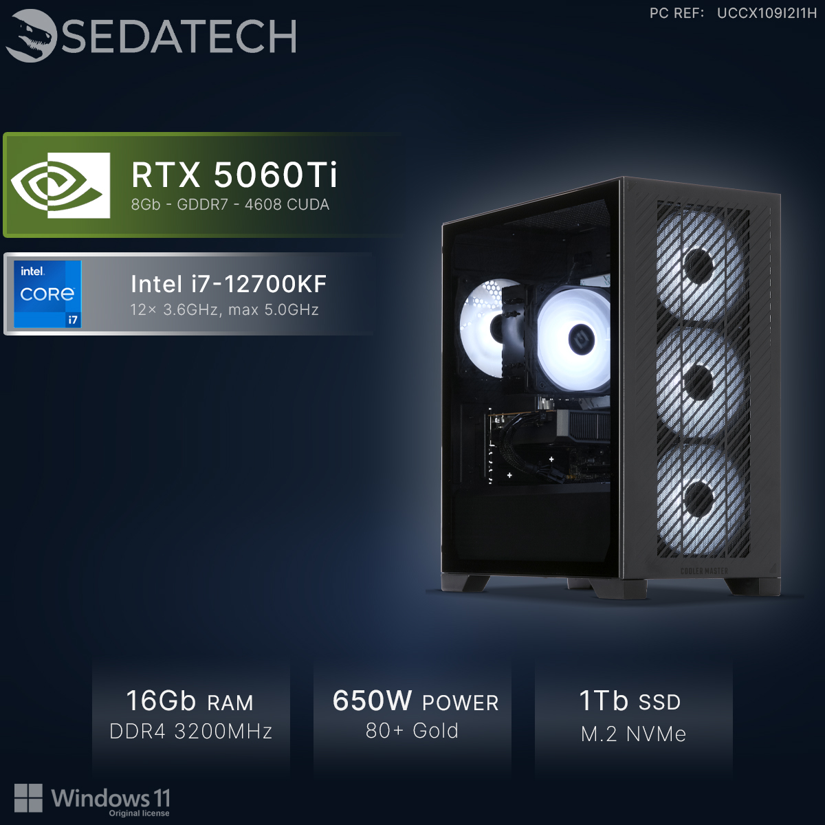 PC mit RTX 5060Ti, Intel i7-12700KF, 16GB RAM, 1TB SSD und Windows 11.