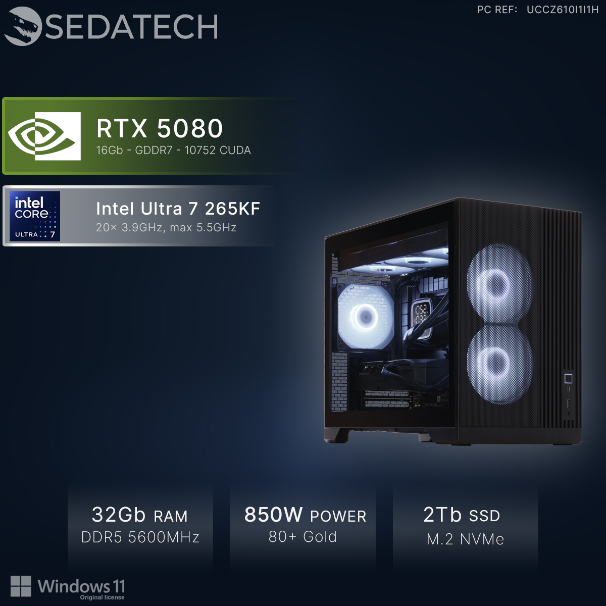 Czarny komputer z RTX 5080, Intel Ultra 7, 32GB RAM, zasilacz 850W, SSD 2TB.