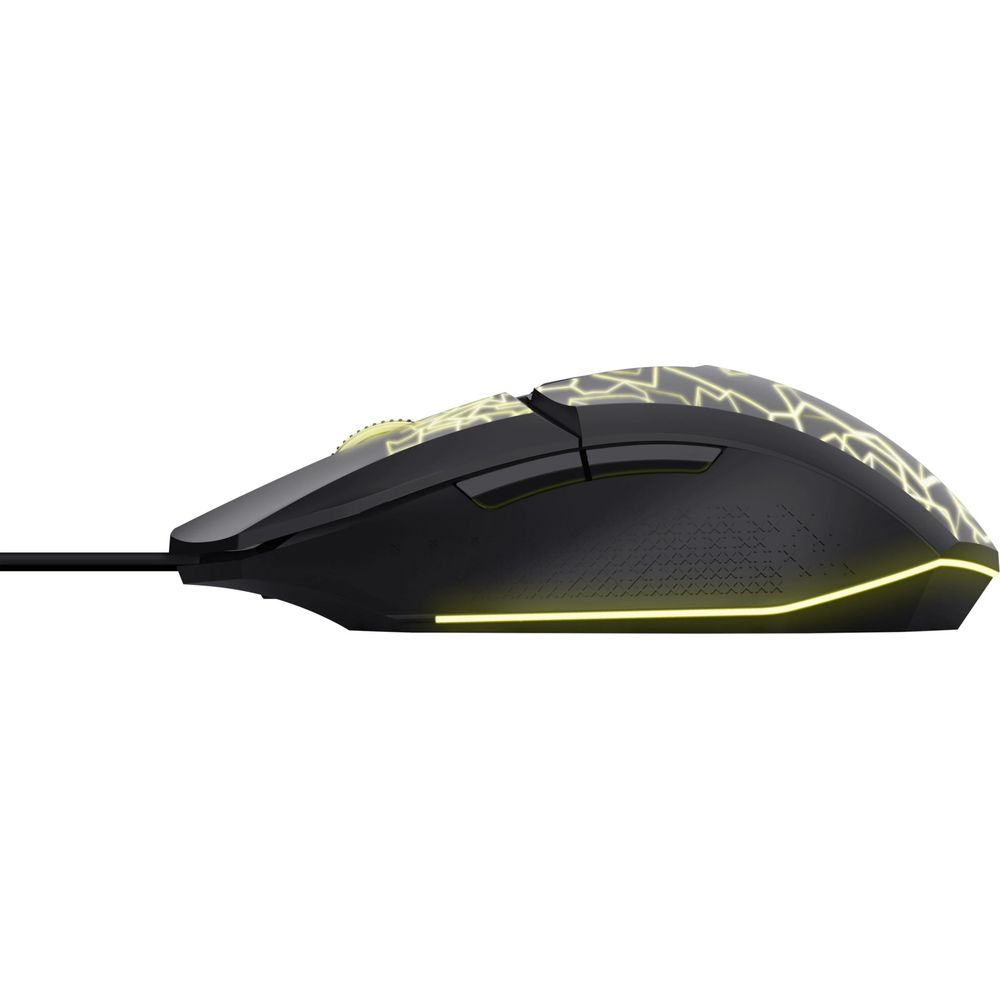 Mouse da gaming nero con illuminazione e motivo gialli.