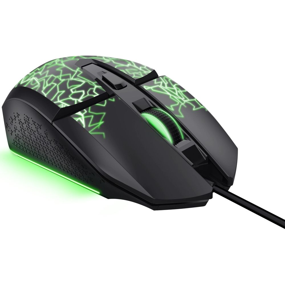 Mouse da gaming nero con motivi a fulmine verdi e rotellina illuminata.