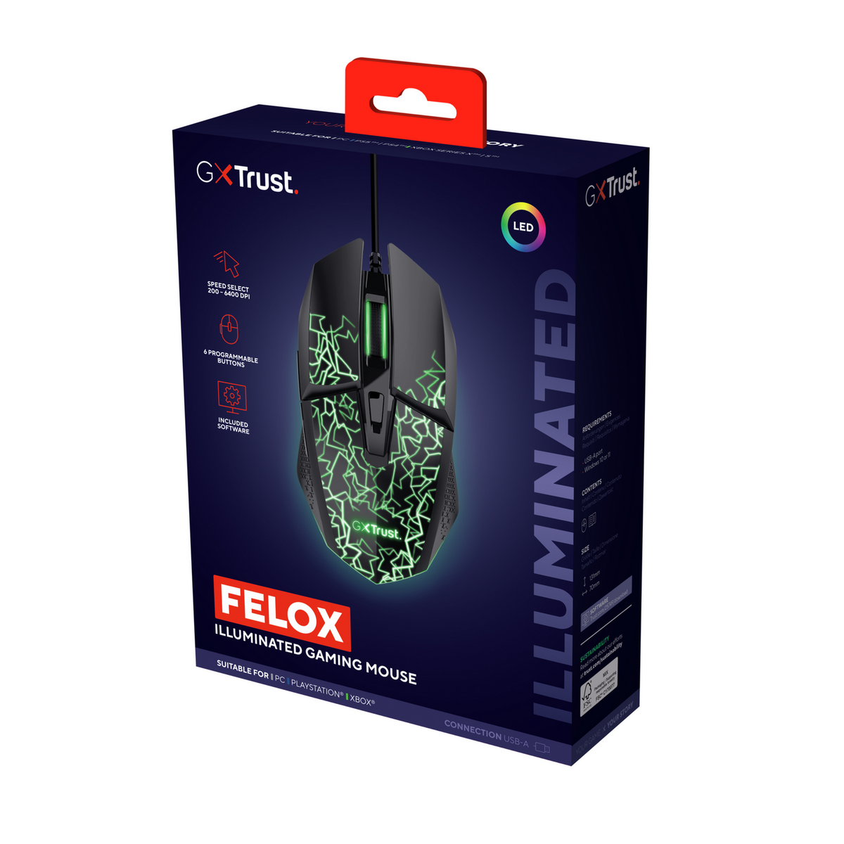 Confezione di un mouse gaming GXTrust Felox illuminato con motivo verde.